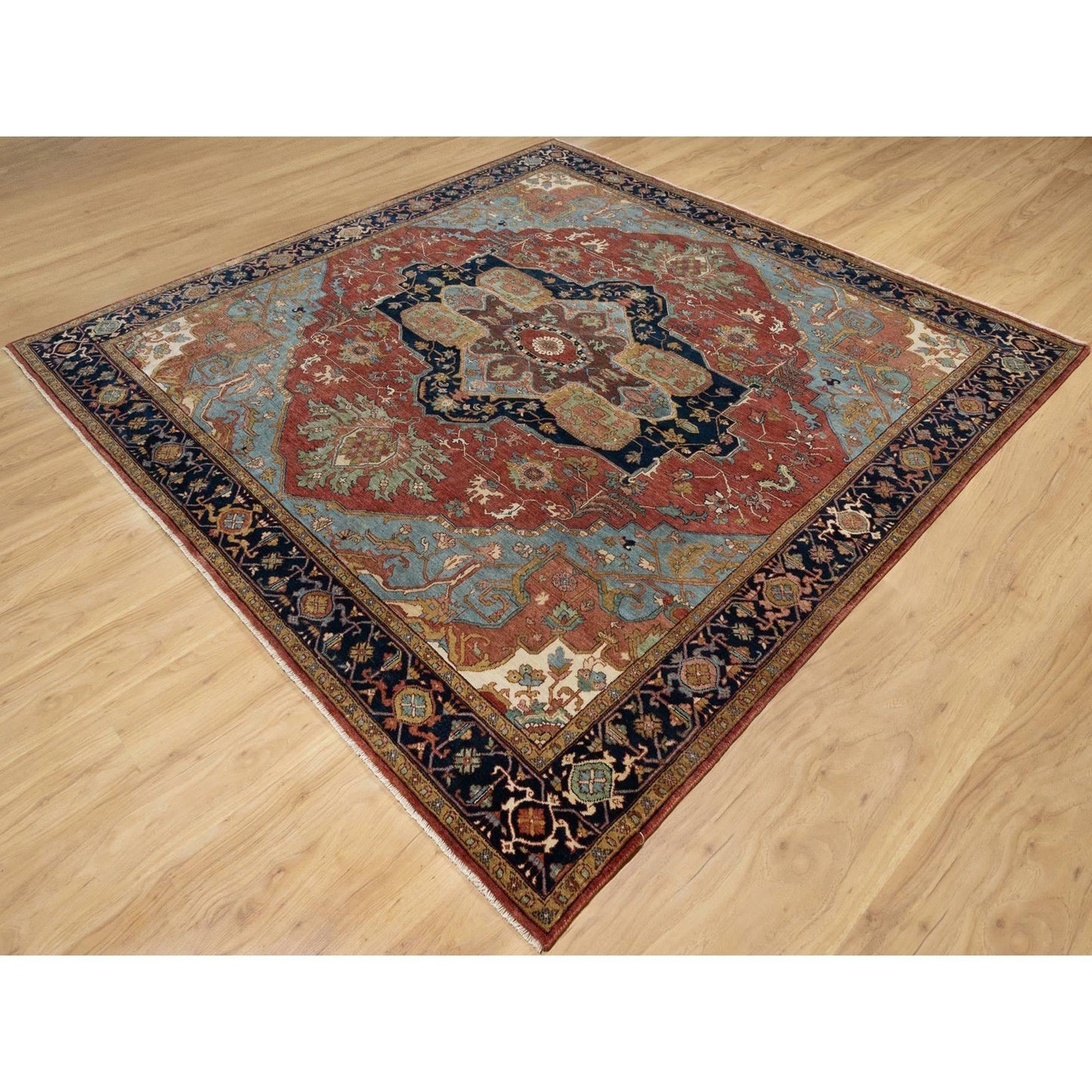 8'1"X8'1" Red Antiqued Fine Heris Recreation Wool Hand Knotted Square Rug