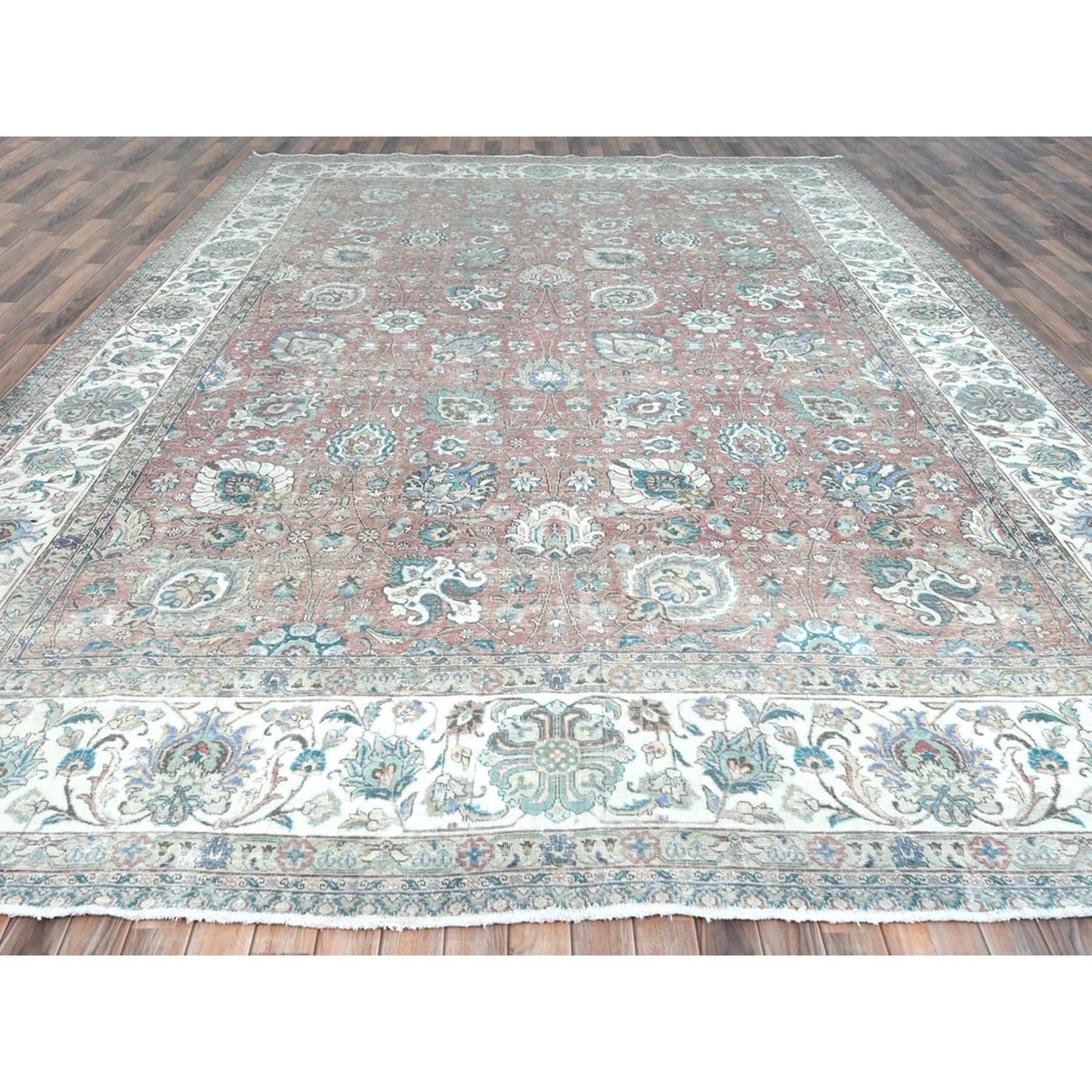 11'1"X14'7" Red Vintage Farsian Tebraz Worn Down Wool Hand Knotted Rug