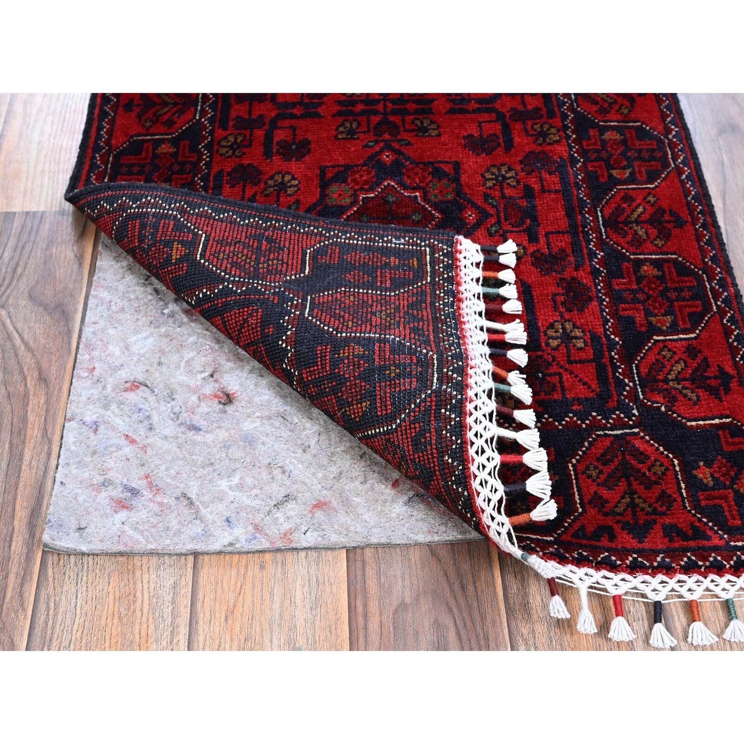 1'9"X4'10" Red, Afghan Khamyab Tribal Design Wool Hand Knotted Runner Rug