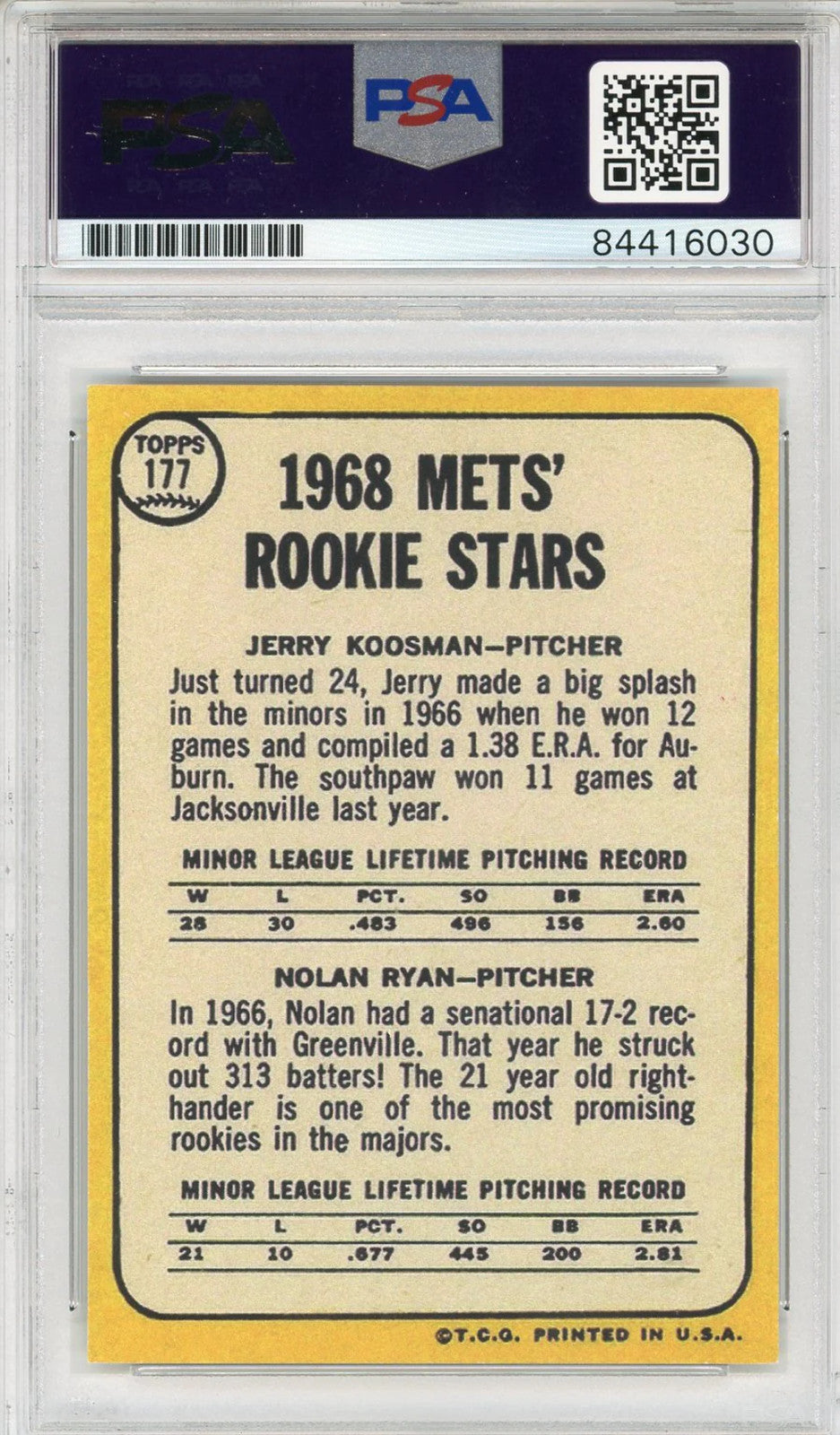 Nolan Ryan "324 Wins & 5,714 K'S" Autographed 1968 Rookie Reprint Card (Psa Auto