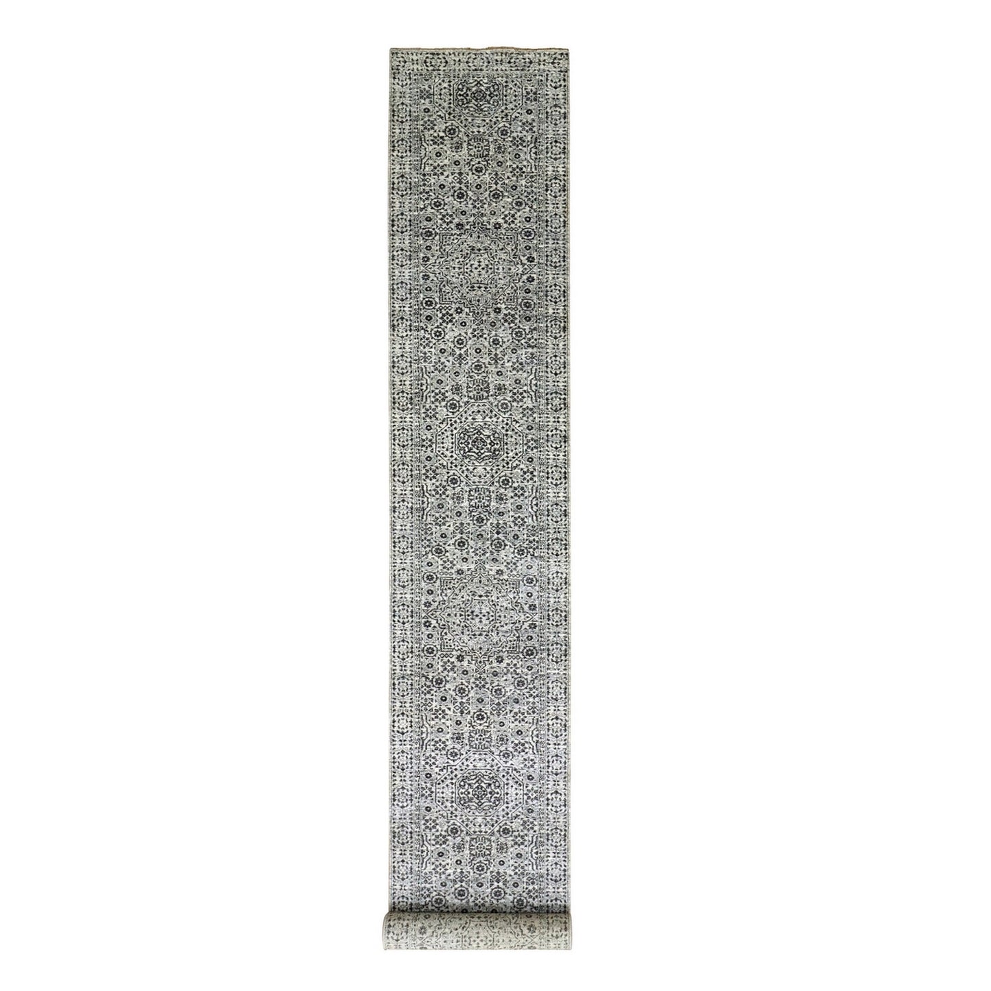 2'10"X18' White Mamluk Dynasty Design Undyed Wool Hand Knotted Runner Rug