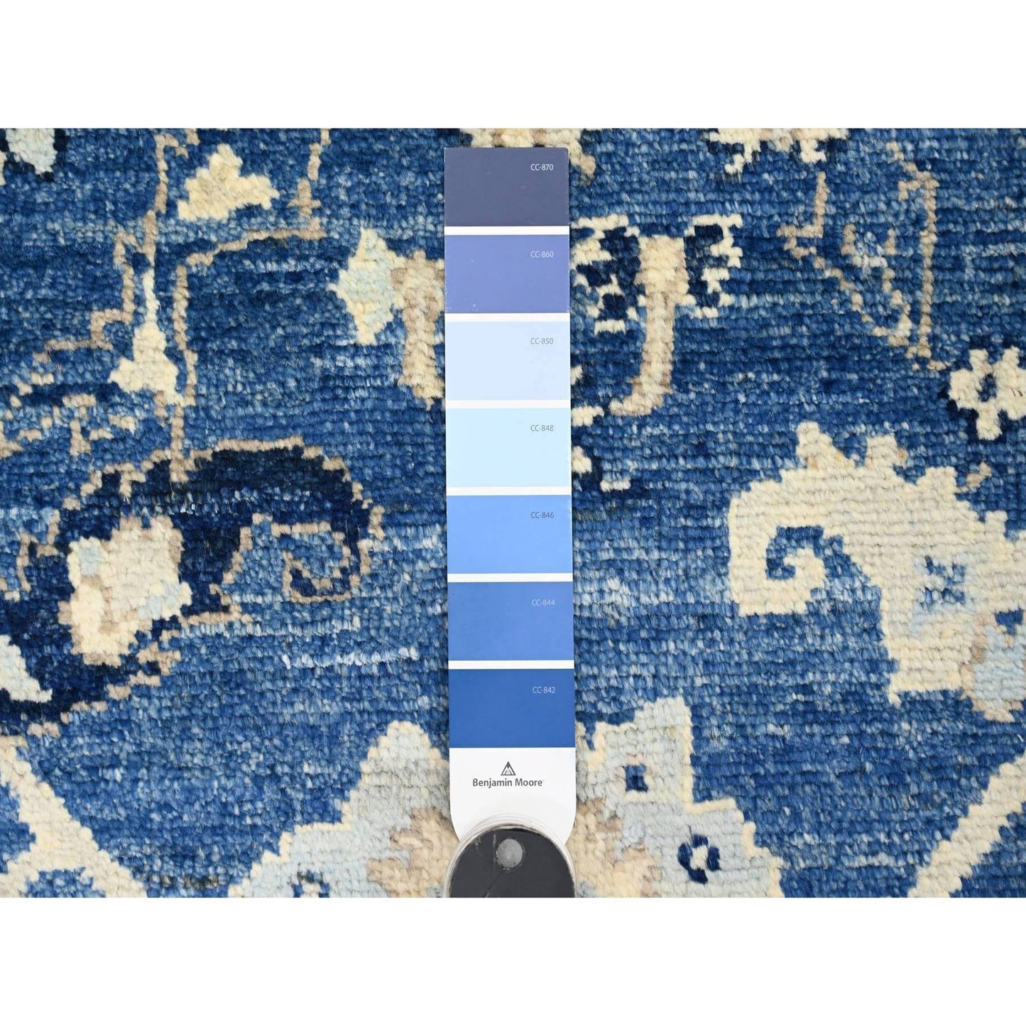 4'X15'7" Blue Hand Knotted Angora Oushak Leaf Design Pure Wool Runner Rug