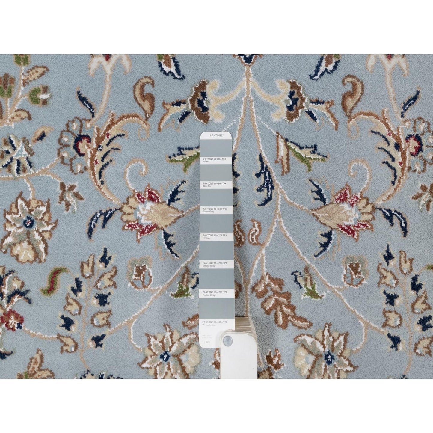 8'2"X10'5" Slate Blue Nain Flower Design Hand Knotted Wool And Silk Rug
