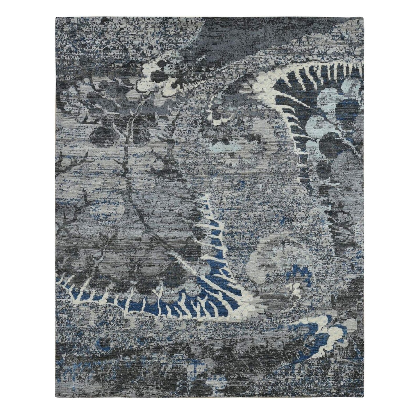 8'1"X10'1" Gray Broken Flower Design Pure Wool Hand Knotted Rug