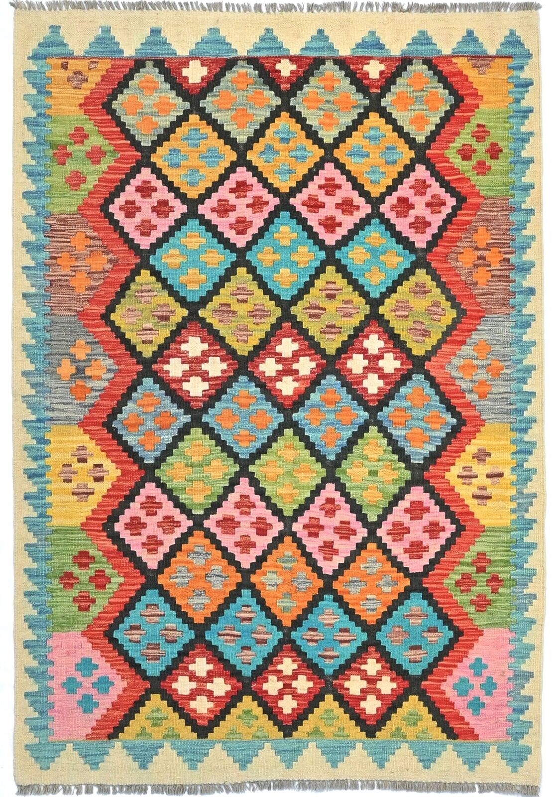 4X6 Ft Kilim Oriental Rug Multicolor Geometric