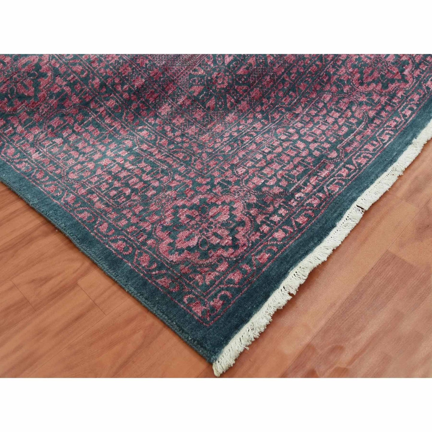 8'X9'9" Dark Green Obscured Mamluk Design Wool And Silk Hand Knotted Rug