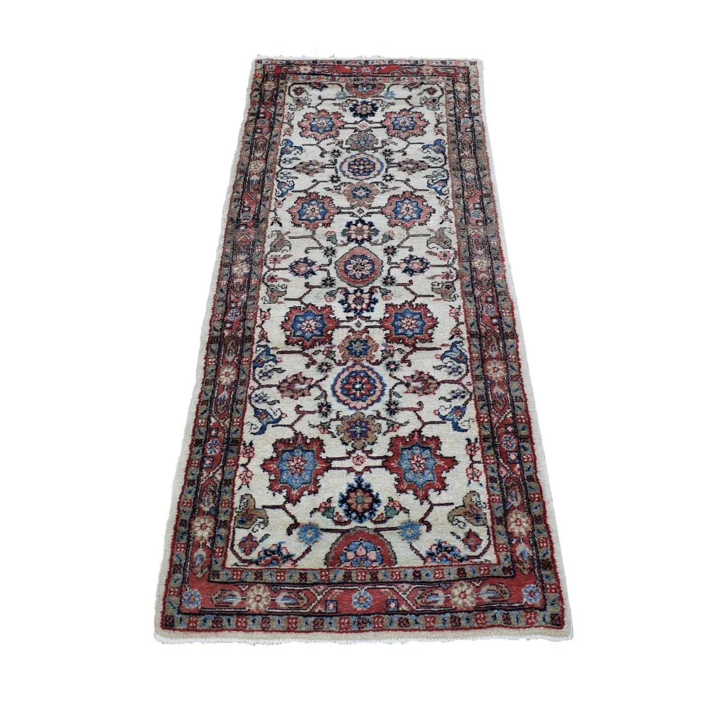 2'7"X6'8" Ivory Semi Antique Farsian Kazvin Wool Hand Knotted Runner Rug