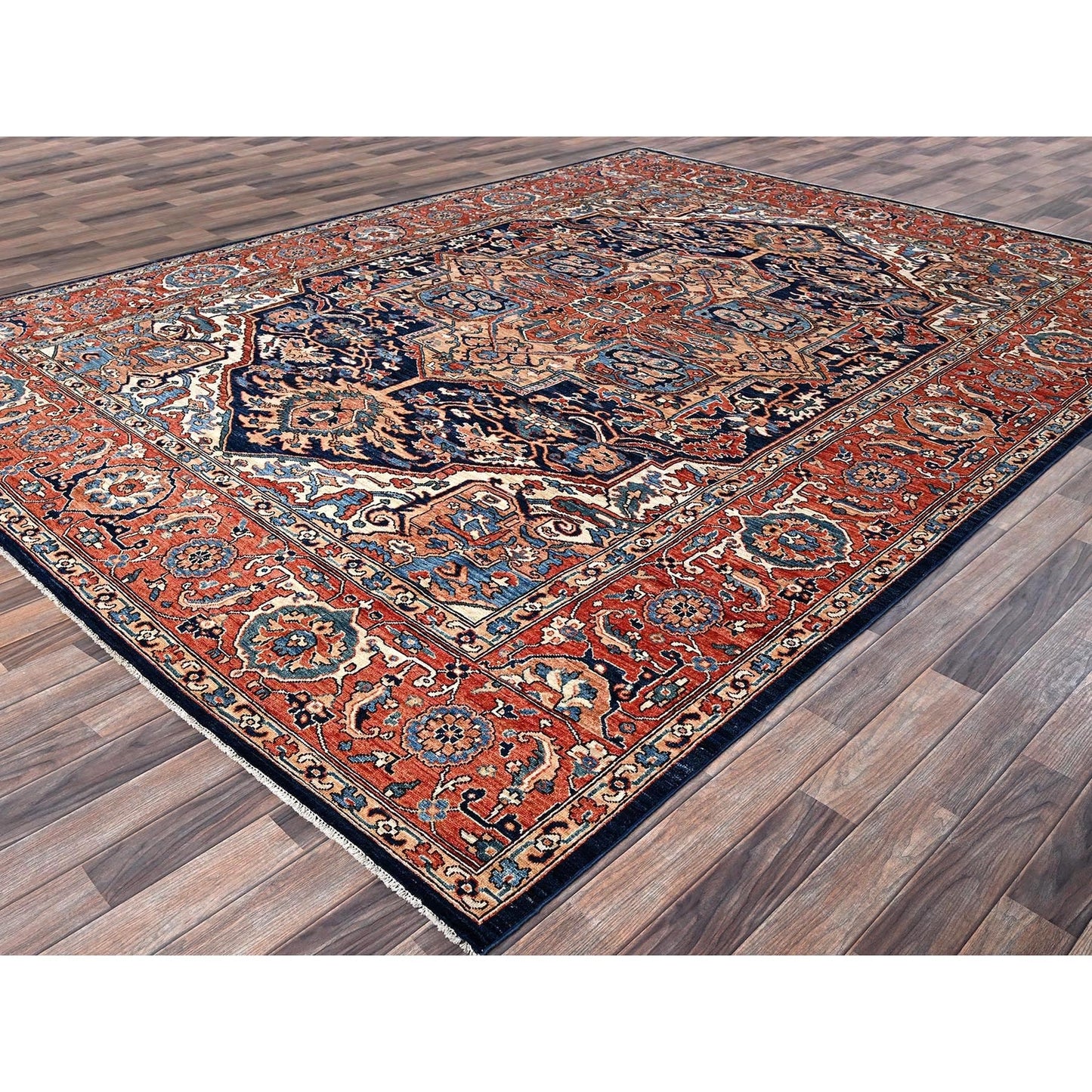 9'X12'1" Yale Blue Seeripe Heris Hand Knotted High Mountain Soft Wool Rug
