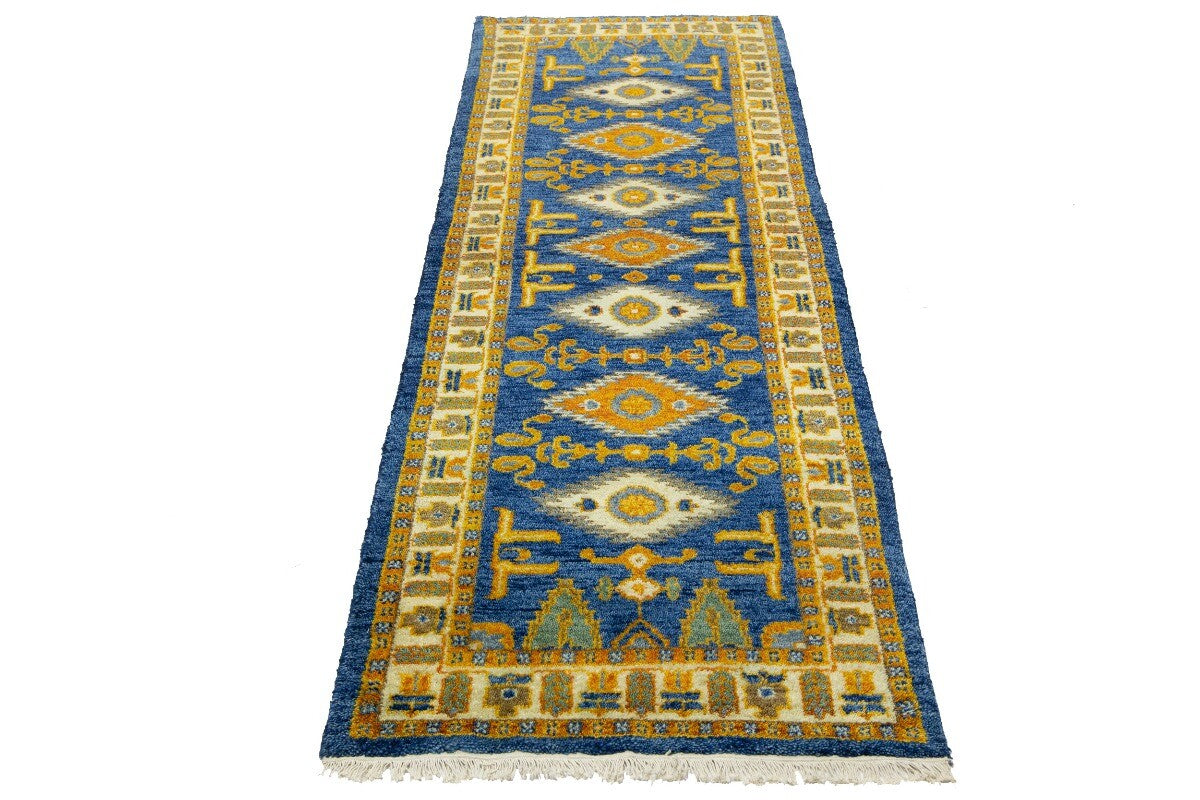 Vintage Style Blue Geometric Kazak Runner Rug