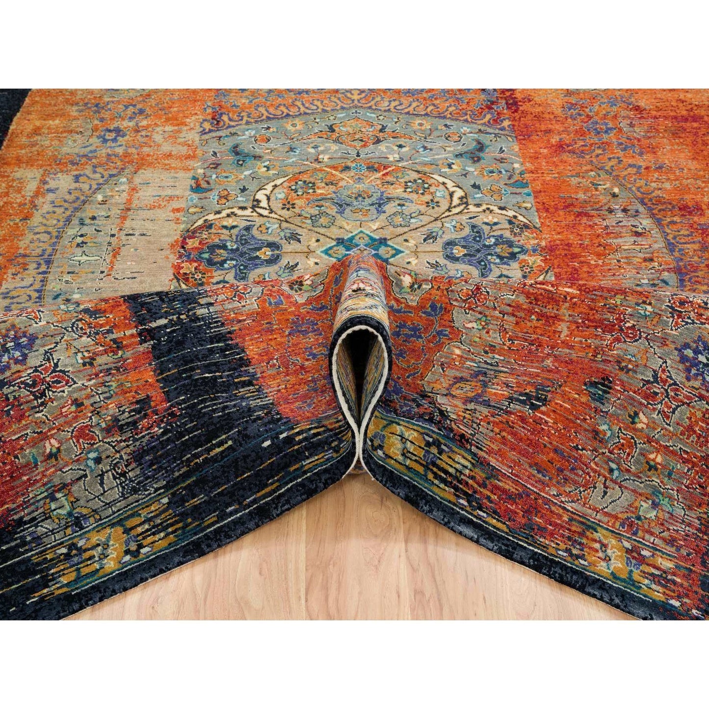 9'X12'1" Rust Red Wool Hand Knotted Ancient Ottoman Erased Design Rug