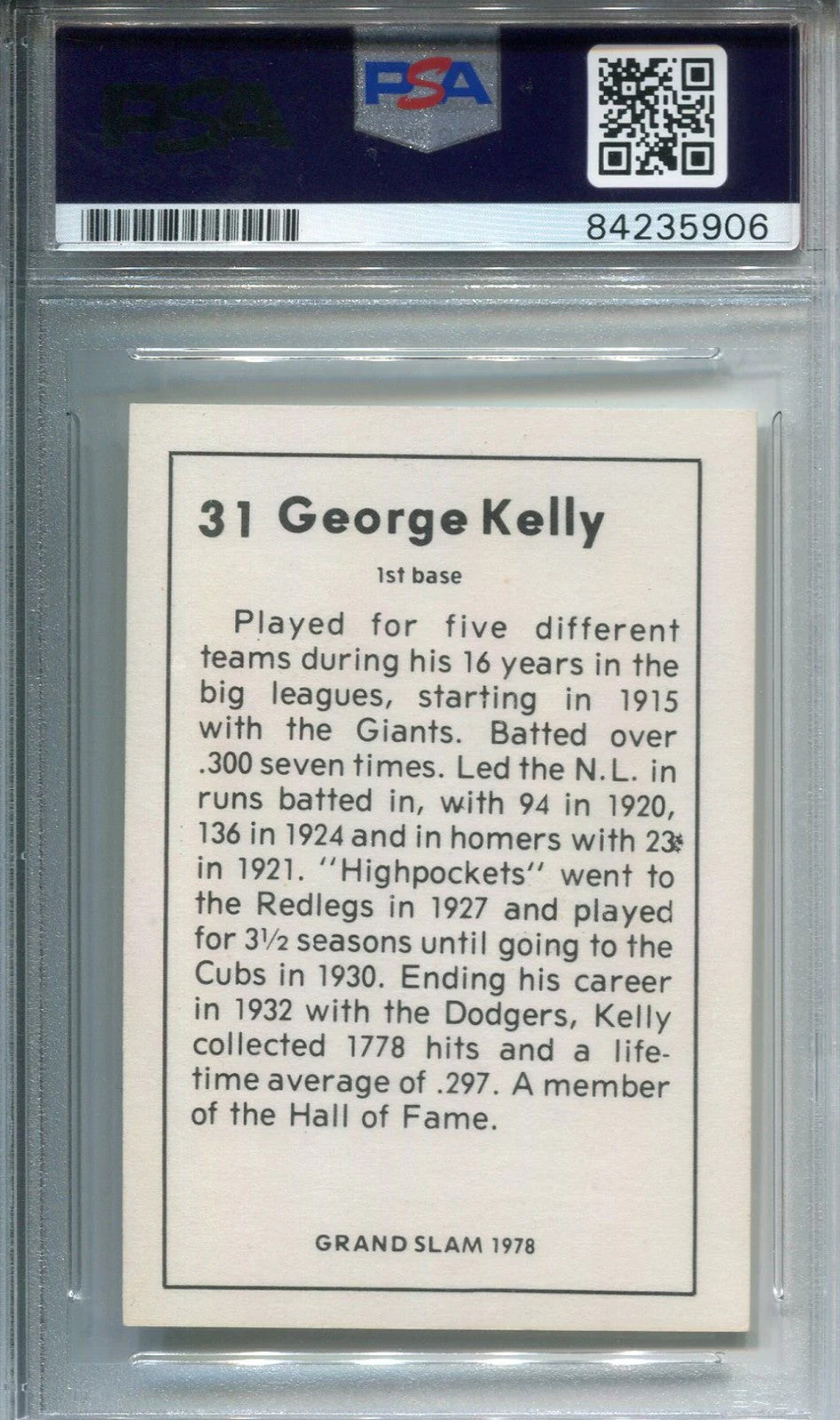 George Kelly Grand Slam 1978 Autographed Baseball Card (Psa)