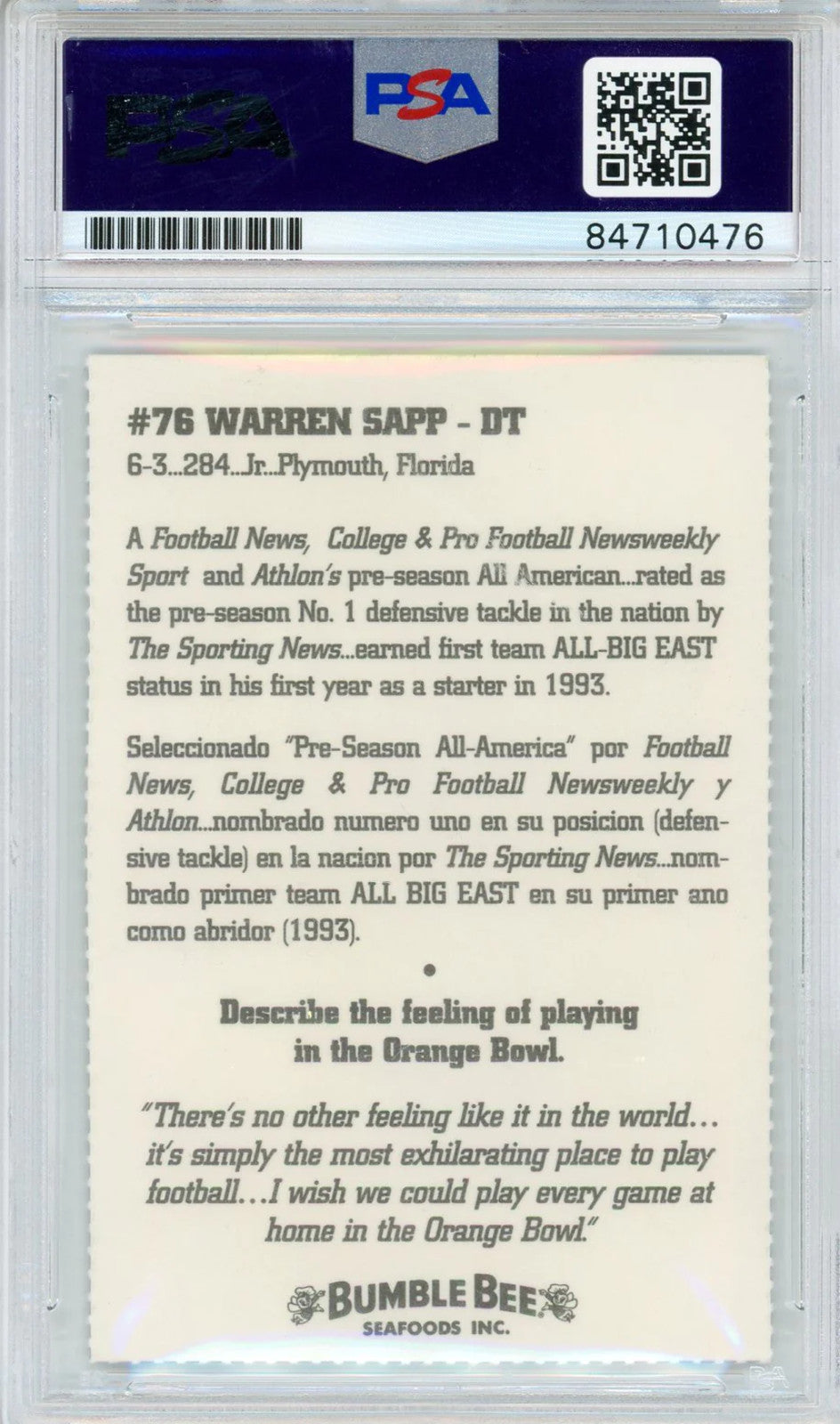 Warren Sapp "Hof 13" Autographed Bumble Bee Card (Psa Auto Gem Mt 10)