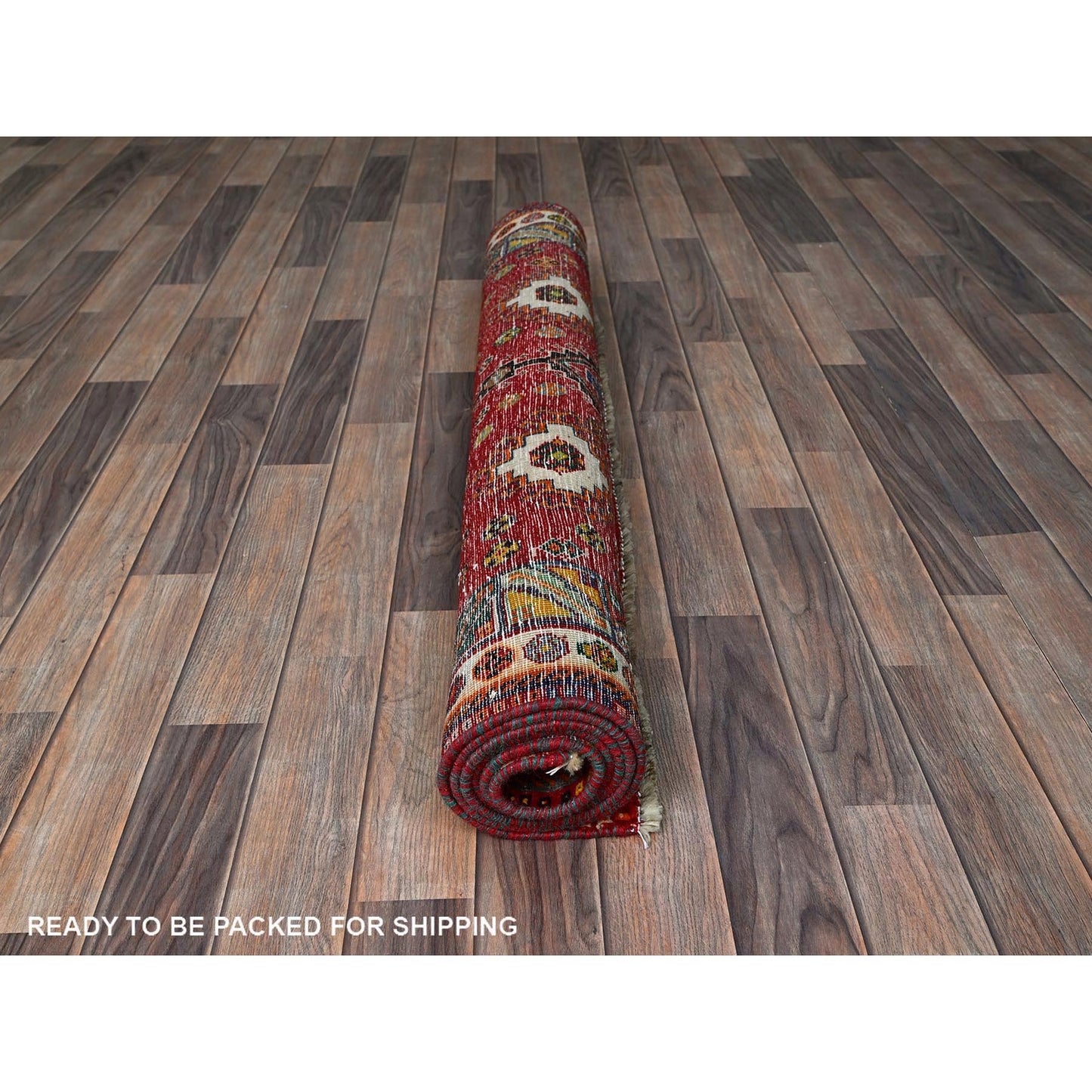 4'1"X6'6" Red Vintage Zoroastrian Geometric Design Hand Knotted Wool Rug
