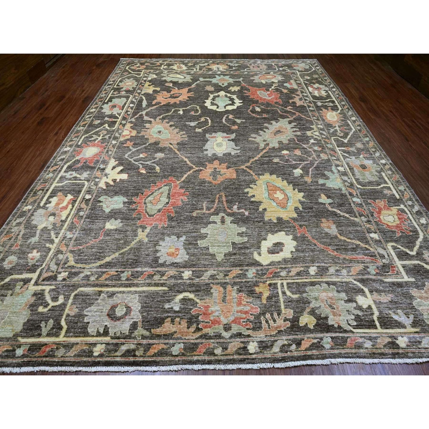 10'X13'5" Brown Afghan Angora Oushak Leaf Design Hand Knotted Wool Rug