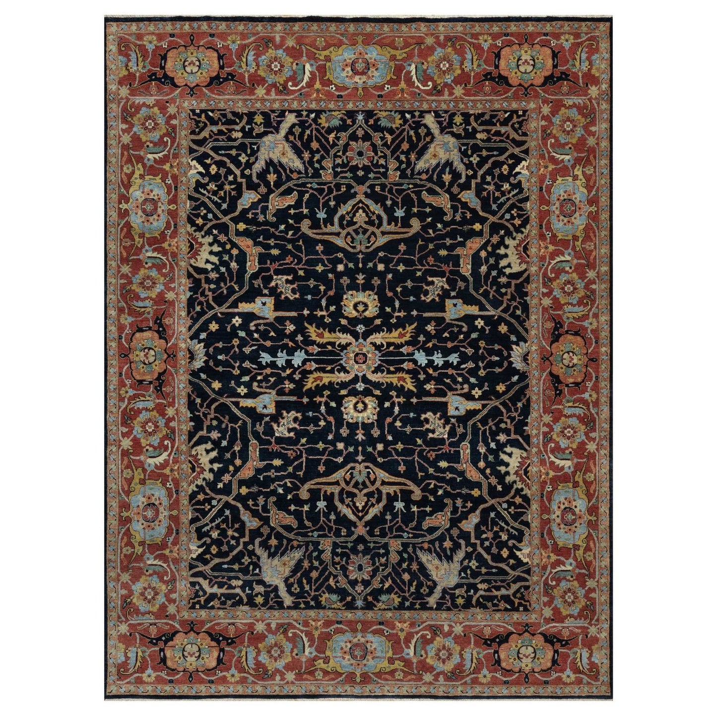 9'X12'1" Caviar Blue Antiqued Heris New Zealand Wool Hand Knotted Rug