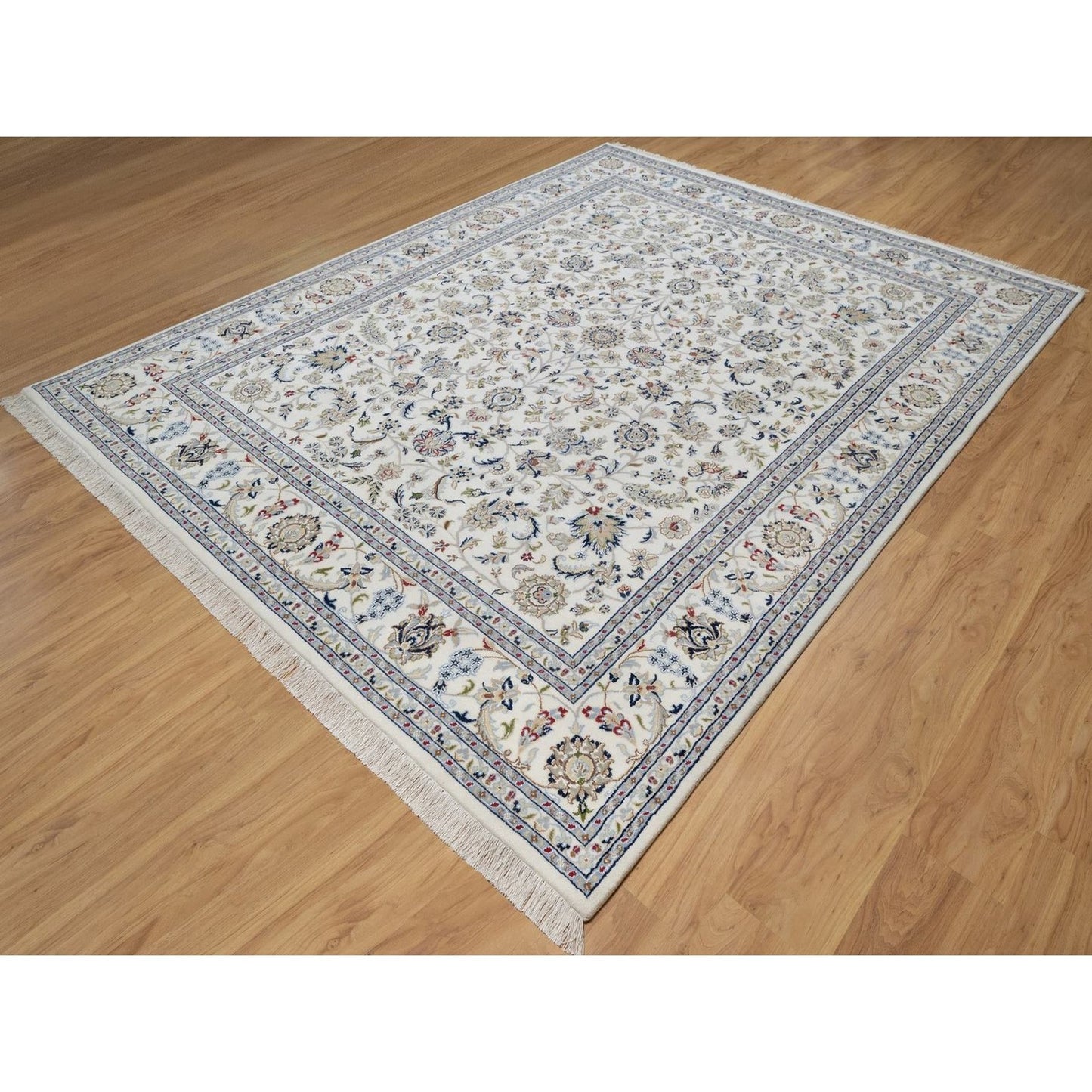 7'10"X10'3" Ivory Nain With Flower Pattern Wool And Silk Hand Knotted Rug