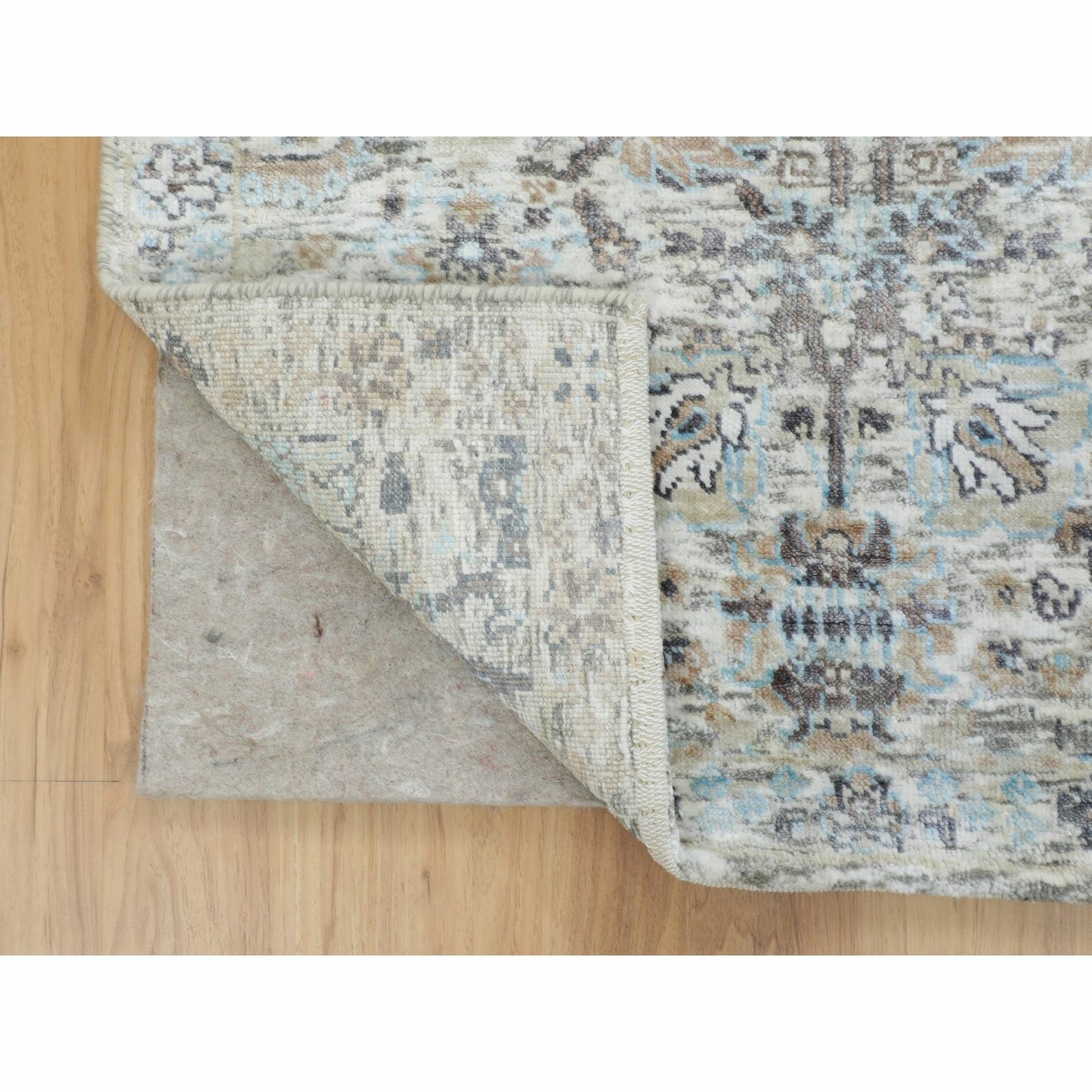 2'6"X6'2" Ivory Silk With Textured Wool Hand Knotted Runner Fine Rug