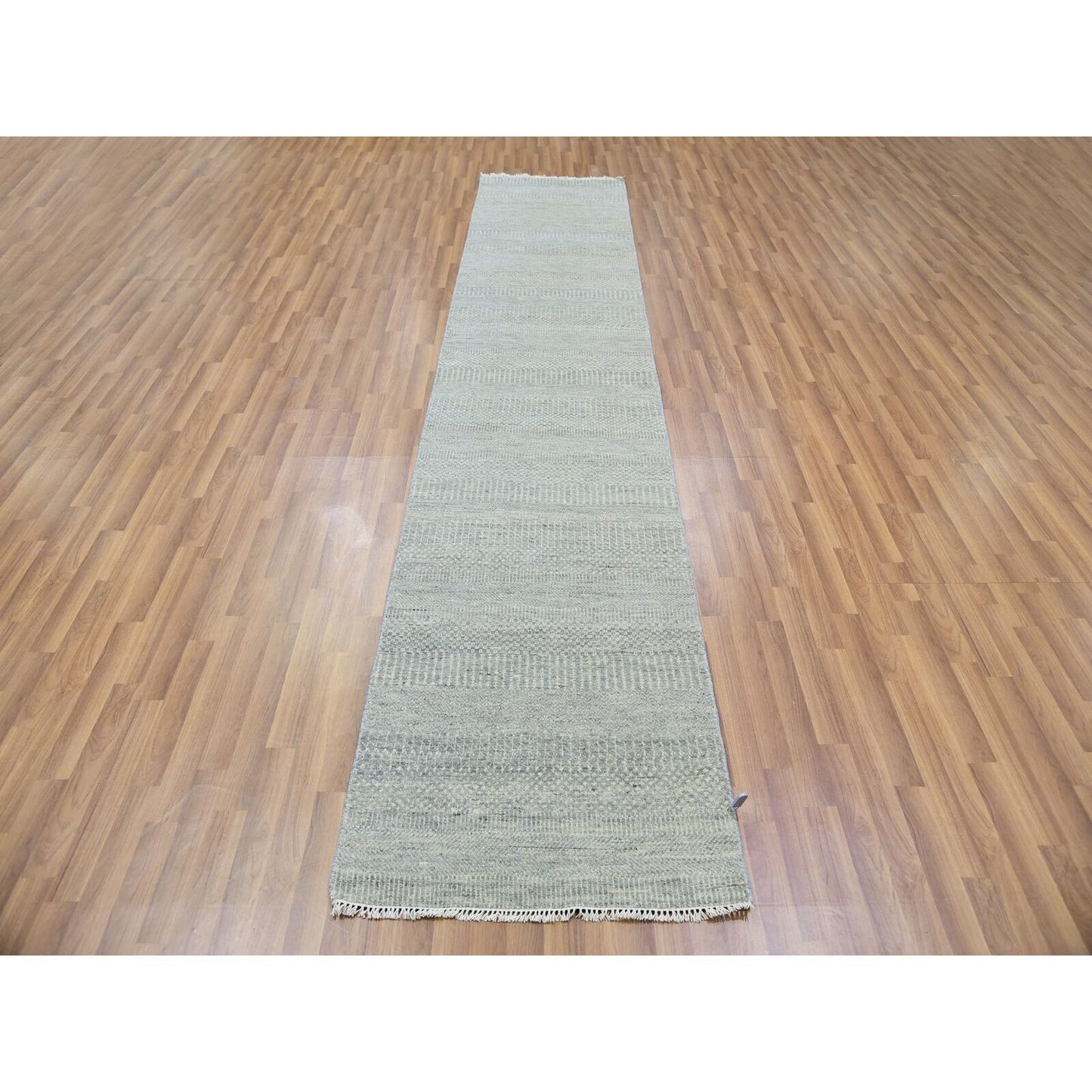 2'7"X12'4" Mindful Gray Undyed Wool Hand Knotted Grass Design Runner Rug