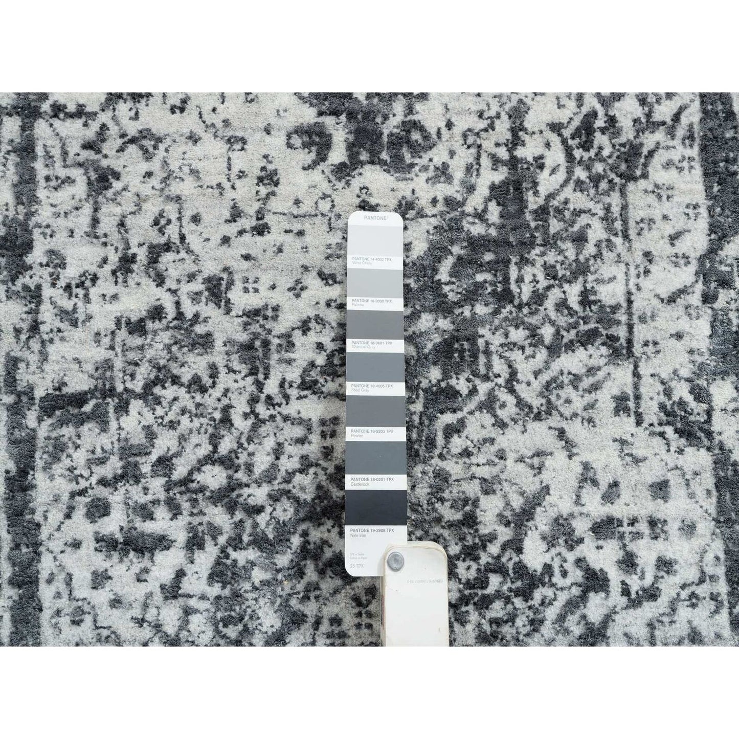 2'7"X12' Gray Wool/Silk Hand Knotted Erased Zoroastrian Design Runner Rug