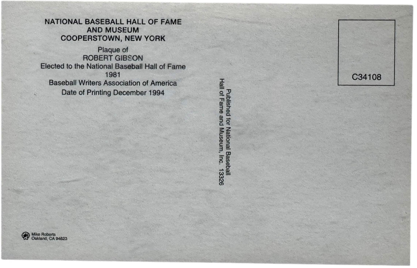 Bob Gibson Autographed Hall Of Fame Plaque Postcard