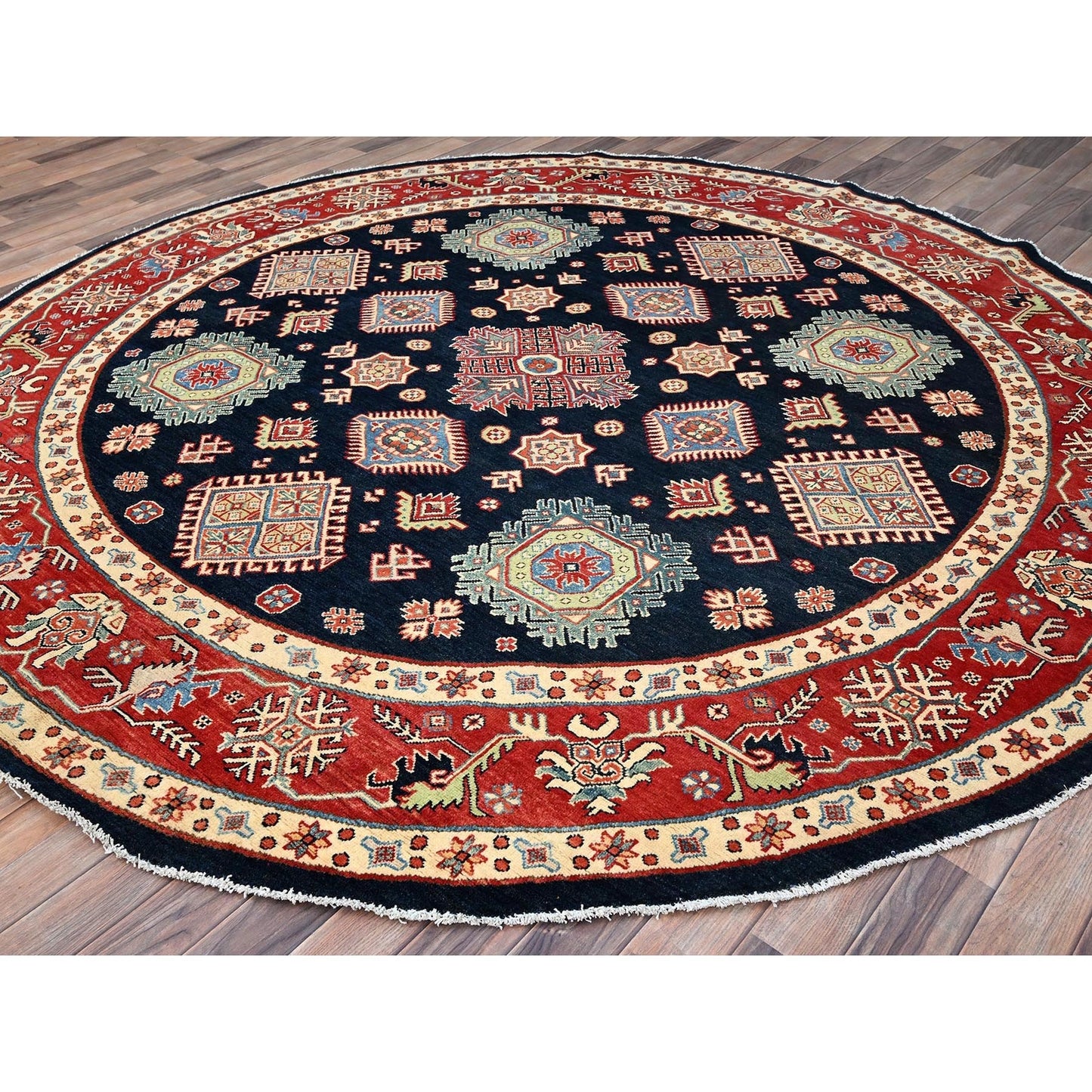 9'X9' Blue Special Kazak Geometric Wool Hand Knotted Round Oriental Rug