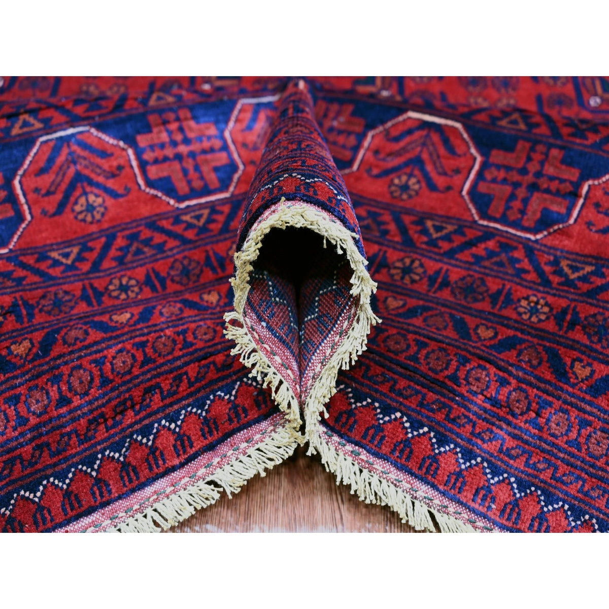 9'9"X13' Deep Red Afghan Khamyab Star Design Hand Knotted 100% Wool Rug