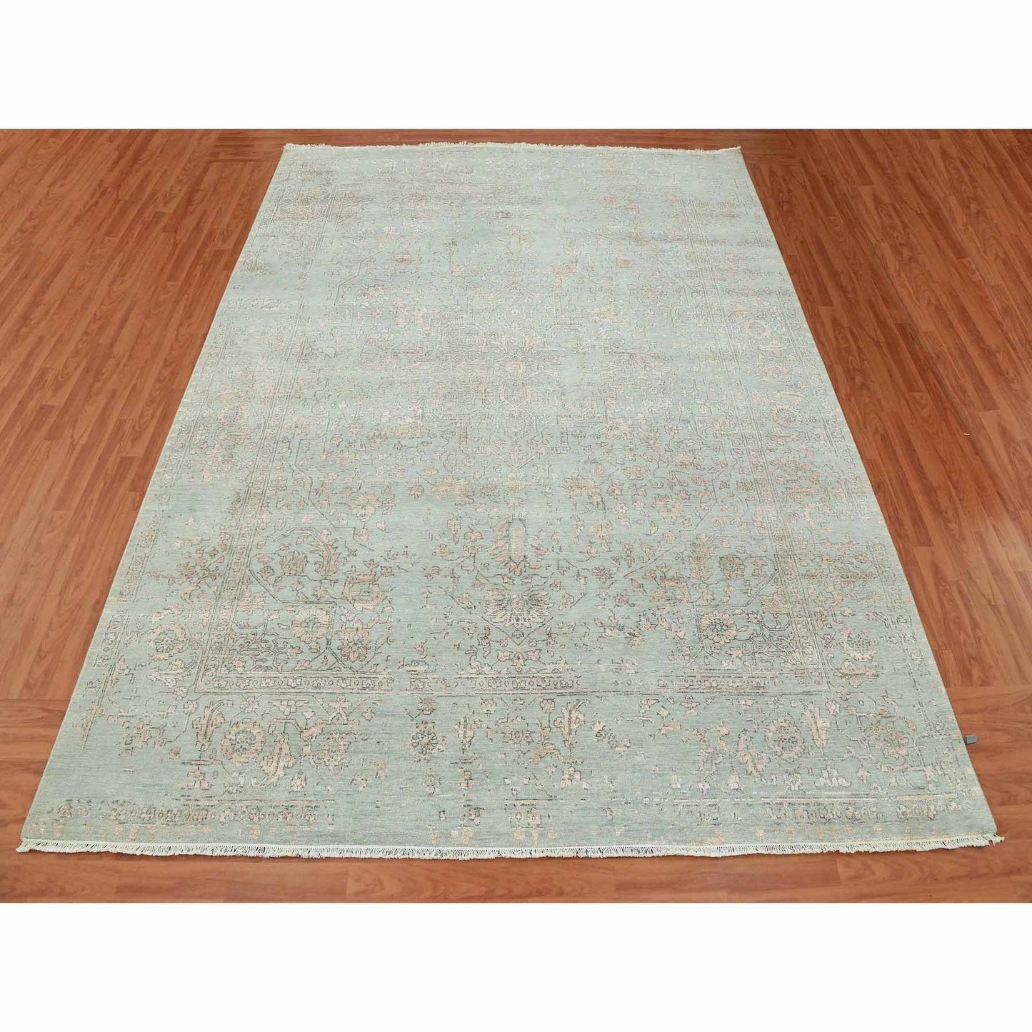 9'X12' Gray Zoroastrian Seeripe Design Wool And Silk Hand Knotted Rug