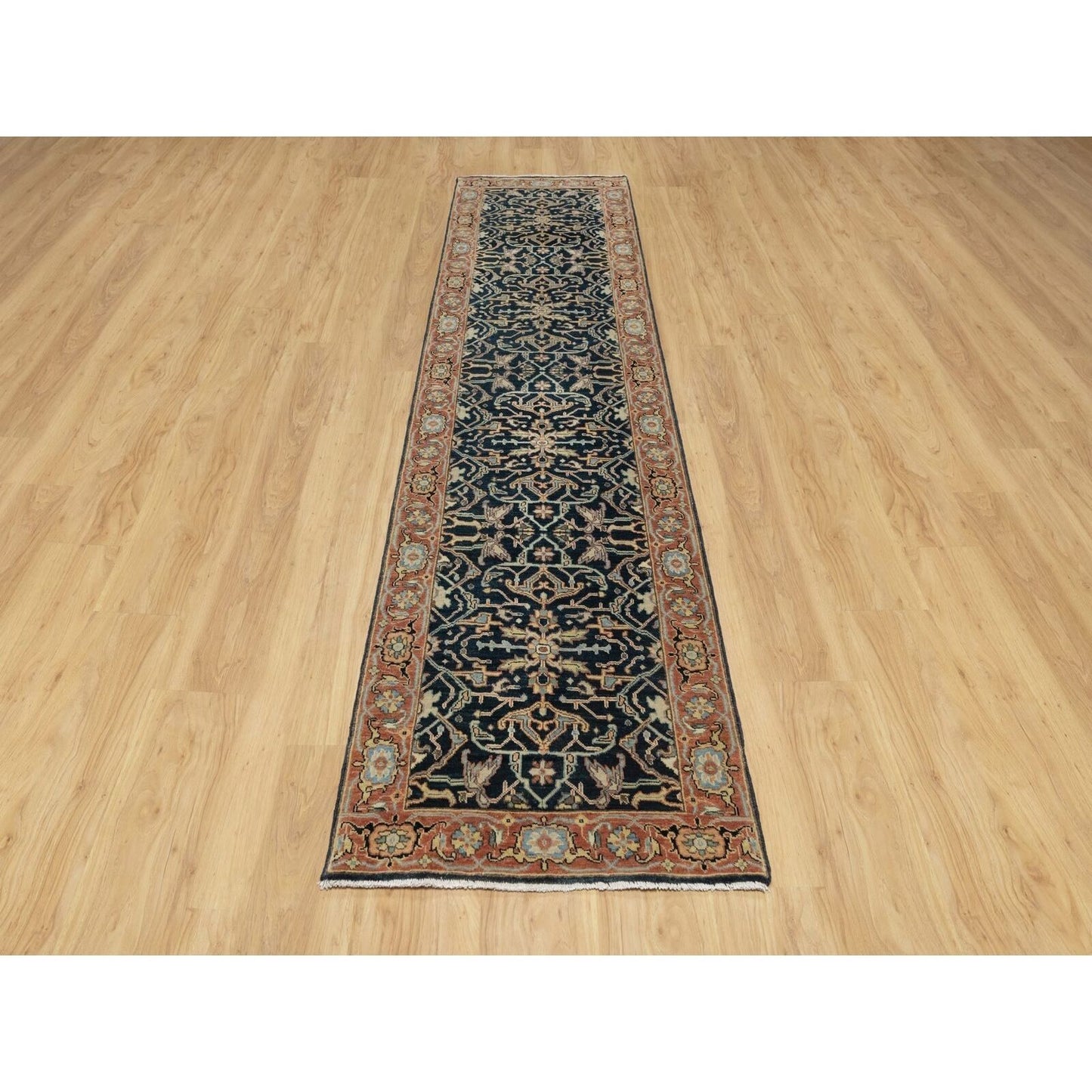 2'6"X10'1" Blue Hand Knotted Heris Re-Creation Wool Runner Oriental Rug