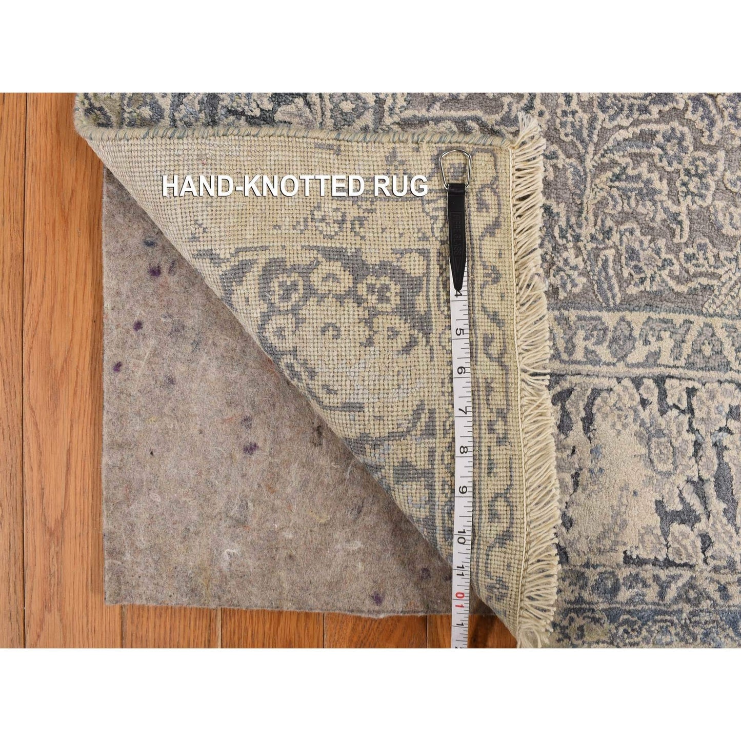 4'X6' Spruce Blue Wool & Pure Silk Erased Zoroastrian Design Oriental Rug