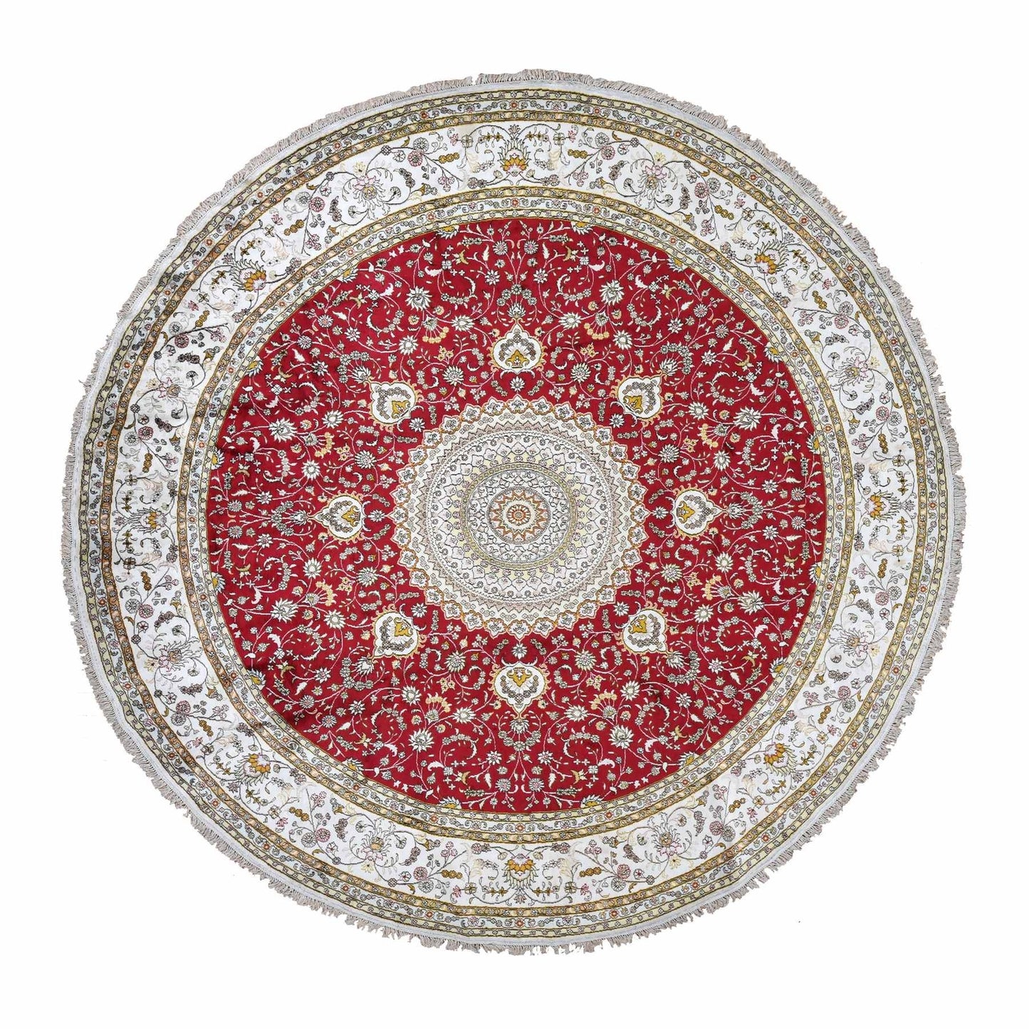 10'9"X10'9" Fire Brick Red Hand Knotted Silken 300 Kpsi Round Rug