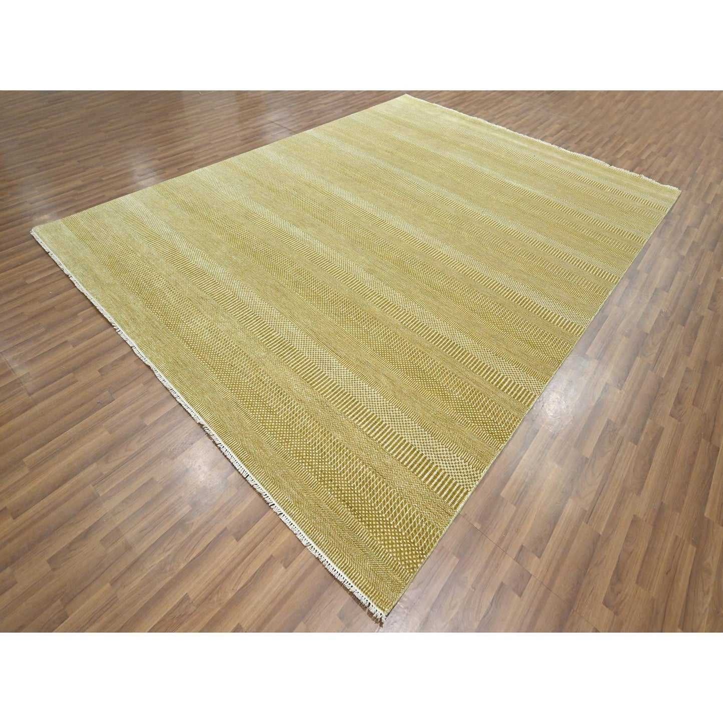 9'X12' Ecru Brown Modern Grass Design Wool And Silk Hand Knotted Rug