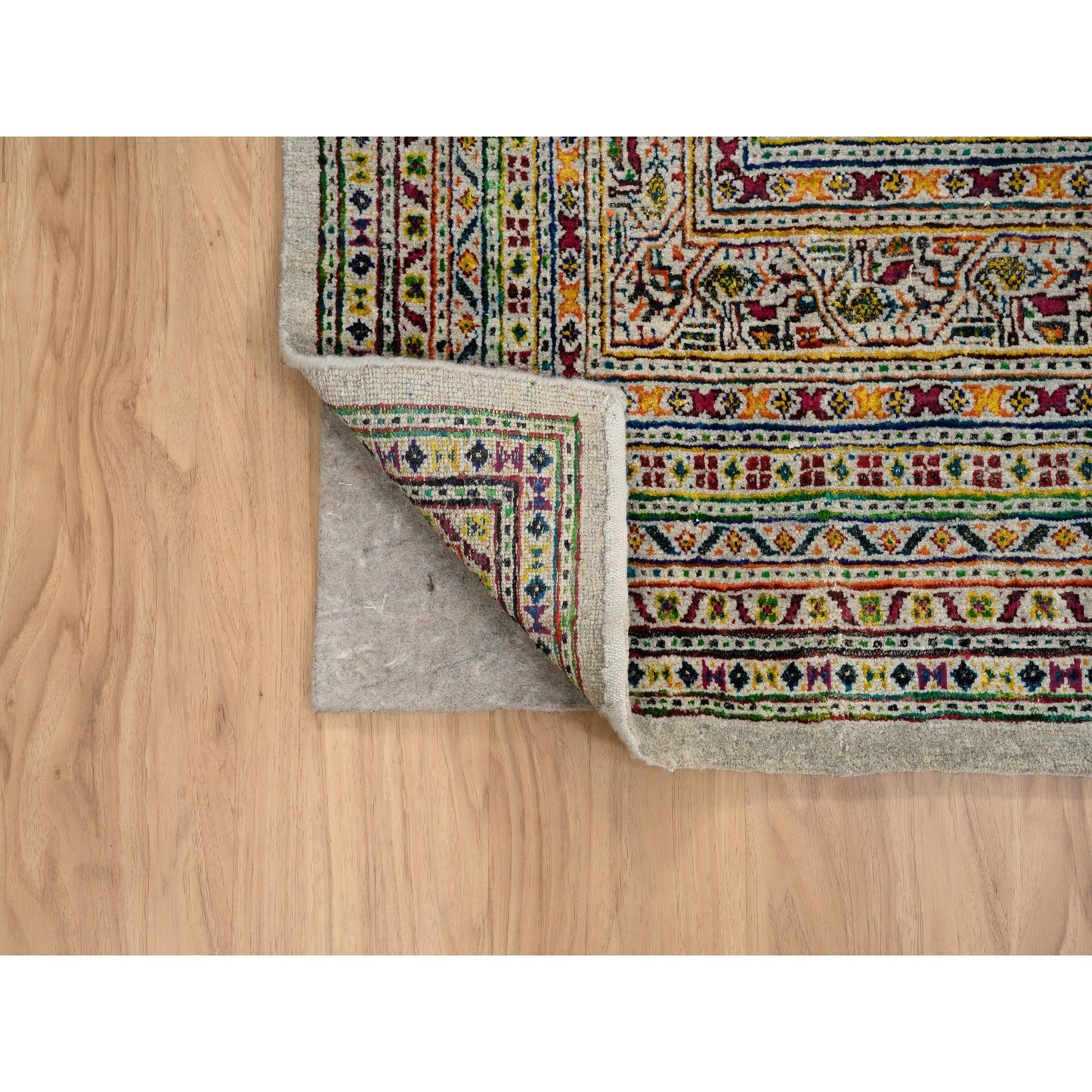 8'8"X12'2" Hand Knotted Beige Saroogh Colorful Wool And Sari Silk Rug