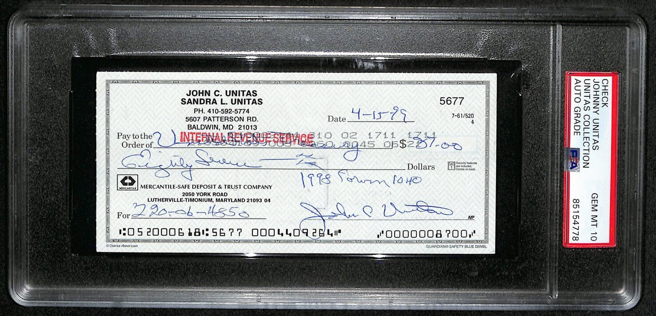 Johnny Unitas Hof Signed/Auto 1999 Bank Check