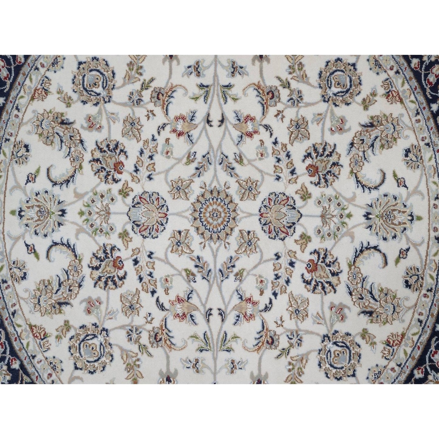 6'2"X6'2" Ivory Nain Flower Design Wool And Silk Hand Knotted Round Rug
