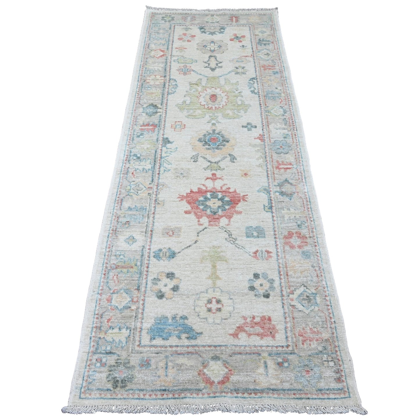 2'10"X7'9" White Hand Knotted Angora Oushak Floral Design Wool Runner Rug
