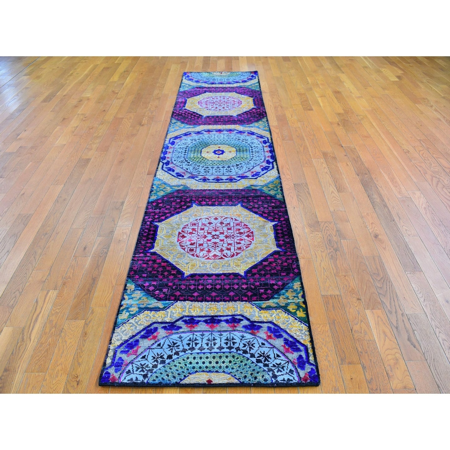 2'7"X12' Sari Silk With Wool Mamluk Design Hand Knotted Wide Runner Rug