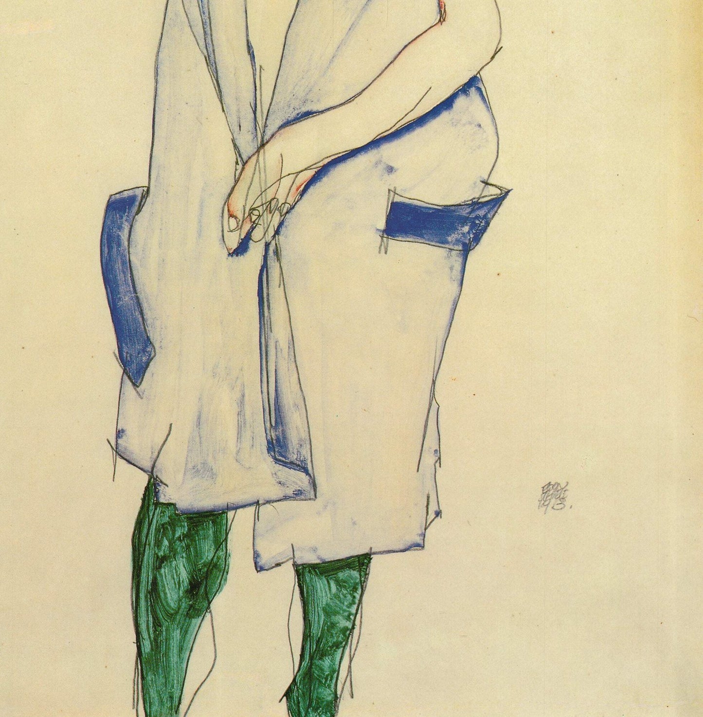 x EGON SCHIELE Girl Standing in Blue Dress and Green Stockings Back View 39.5"
