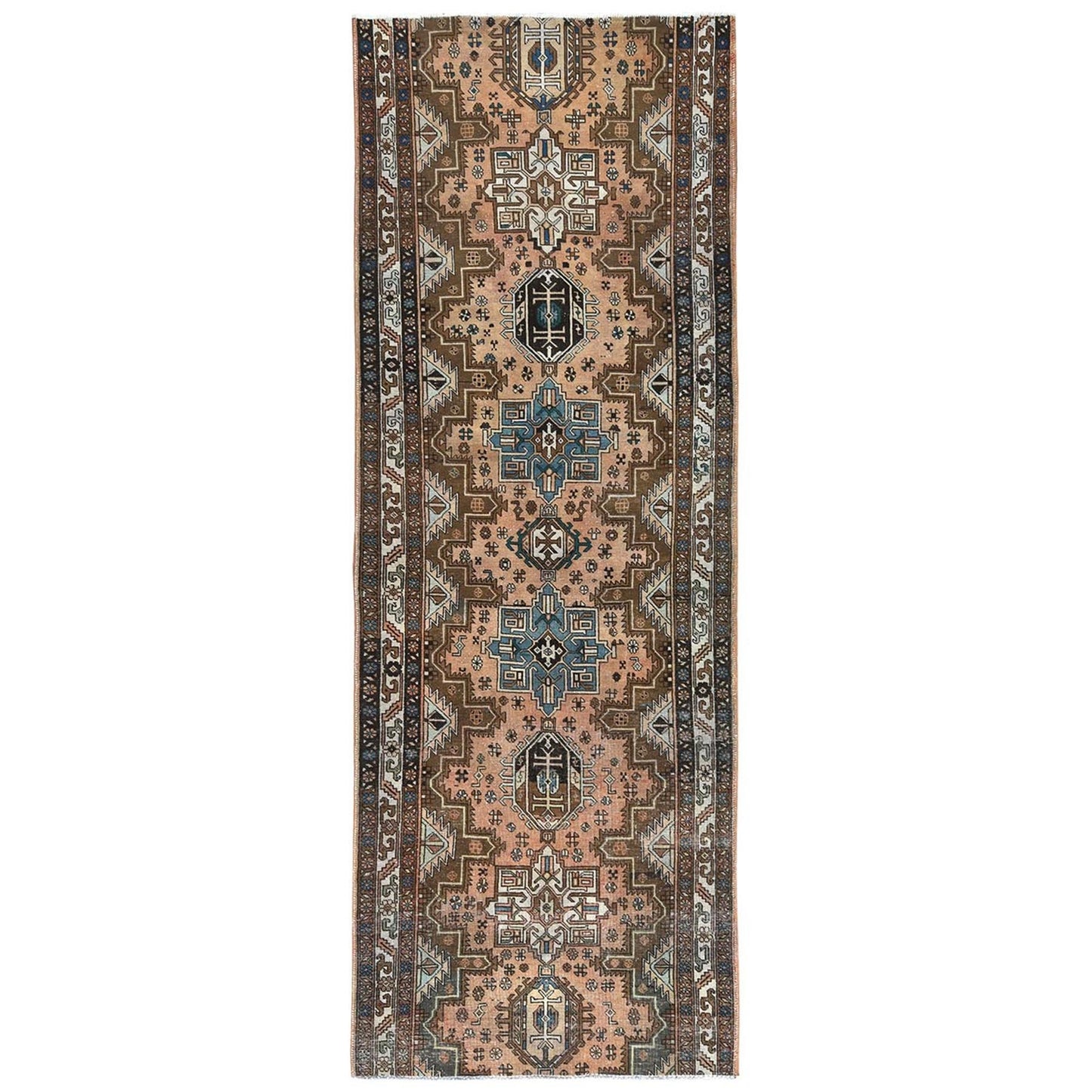4'7"X12'9" Peach Vintage Farsian Hand Knotted Pure Wool Wide Runner Rug