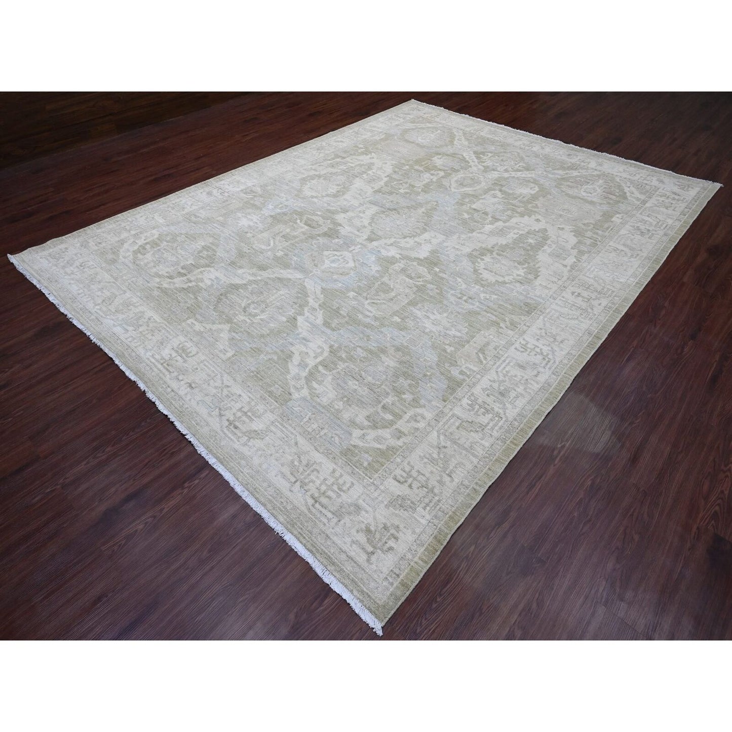 9'X11'9" Green Antiqued Peshawar Mahal Design Hand Knotted Pure Wool Rug