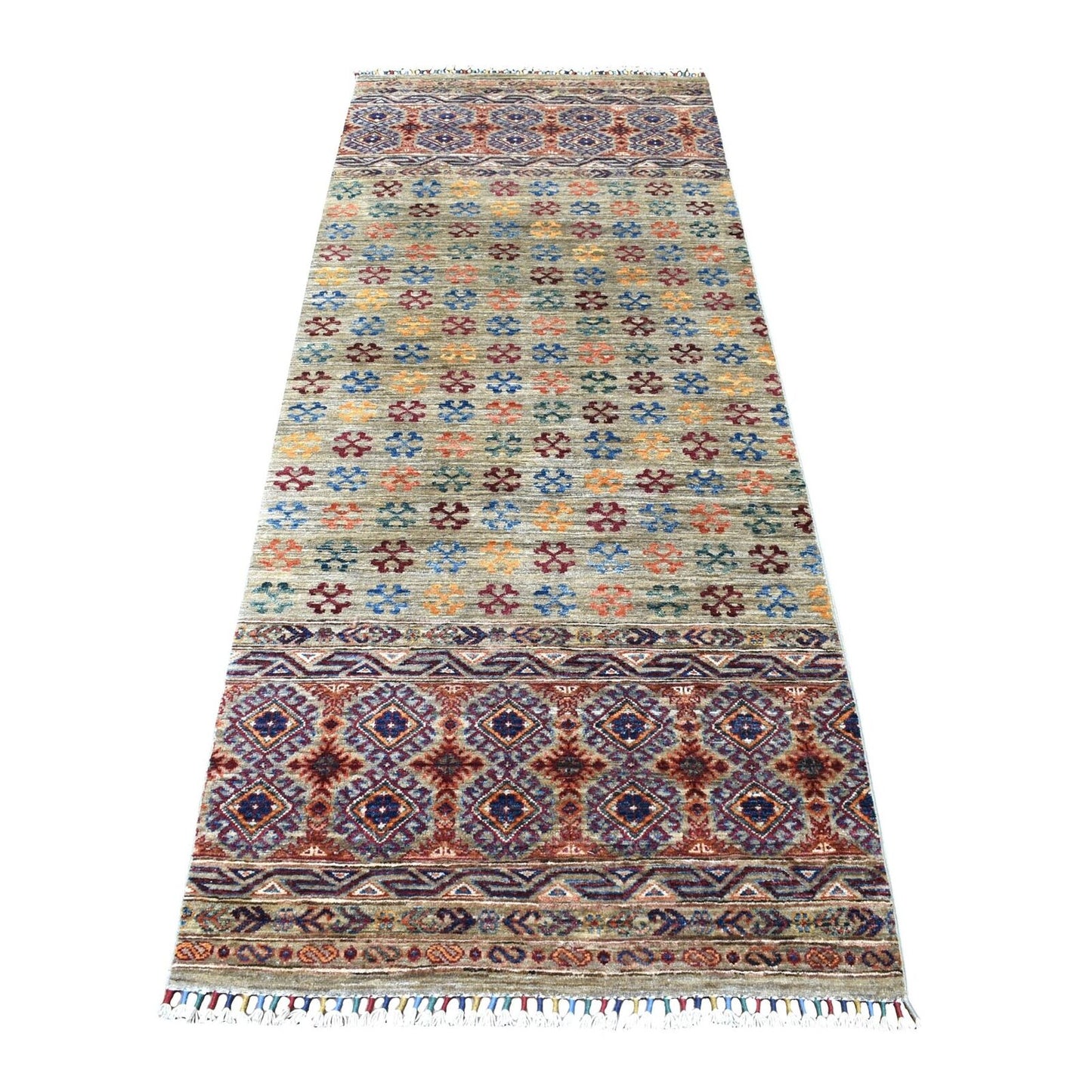 3'X7'7" Gray Super Kazak Khorjin Design Hand Knotted Pure Wool Runner Rug