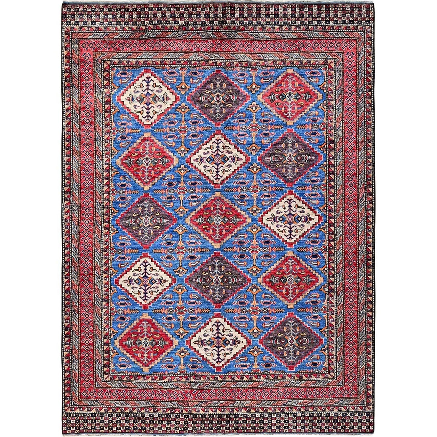 6'1"X8'6" Blue Afghan Ersari Caucasian Design Revival Hand Knotted Wool Rug