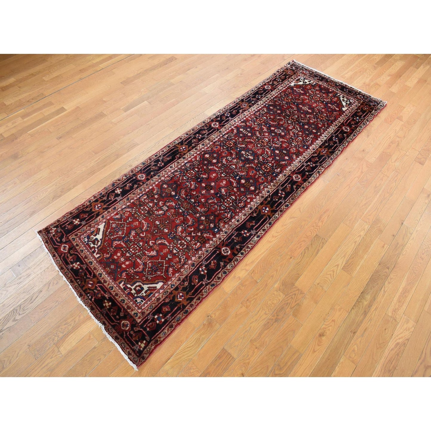 3'7"X10'2" Red Semi Antique Zoroastrian Wool Hand Knotted Wide Runner Rug