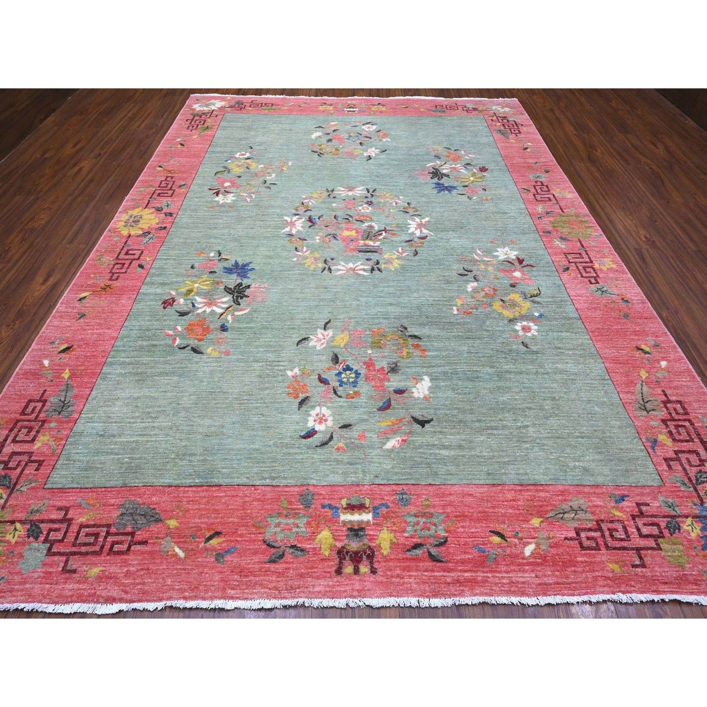 9'X11'9" Green Chinese Art Deco Revival Hand Knotted Pure Wool Rug