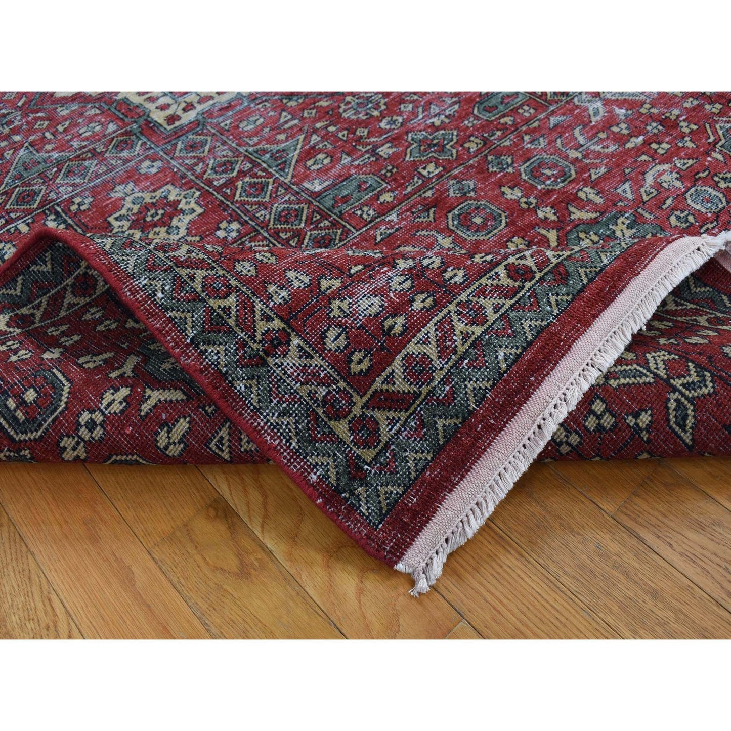 9'X12' Red Vintage Look Mamluk Worn Wool Hand Knotted Rug