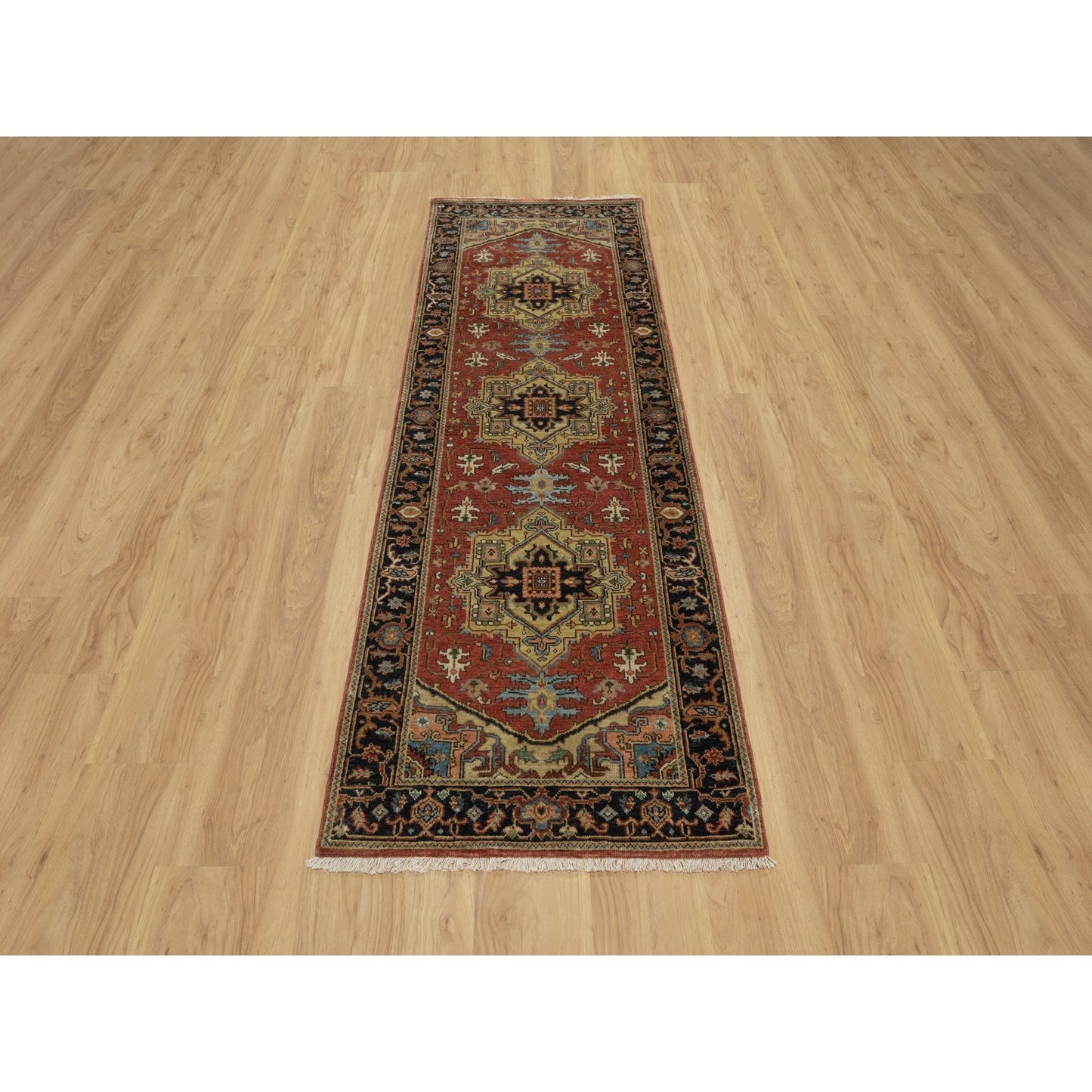 2'7"X7'10" Red New Zealand Wool Heris Revival Hand Knotted Runner Rug