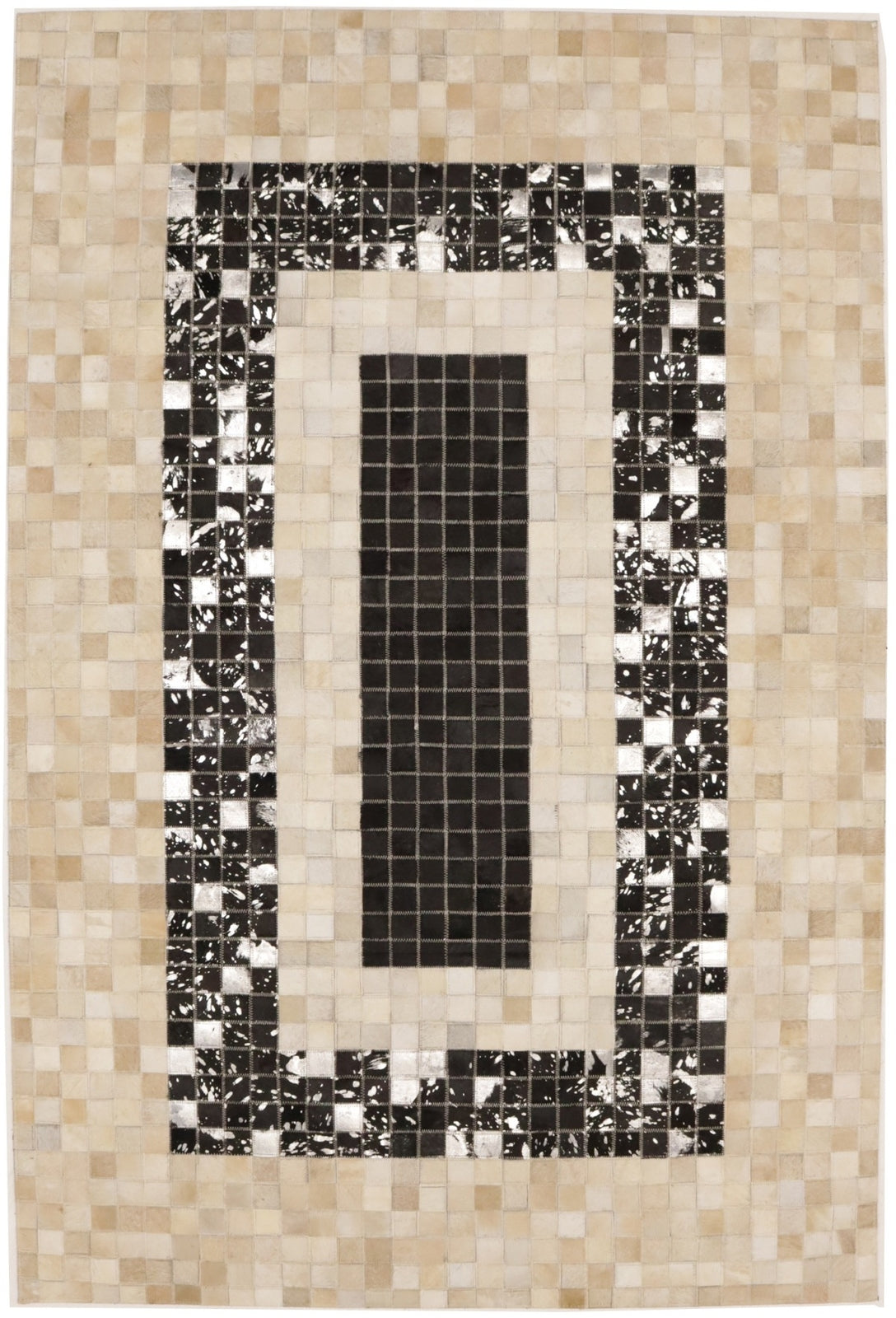 Hand-Stitched Black Beige Cowhide Leather Rug 4X6