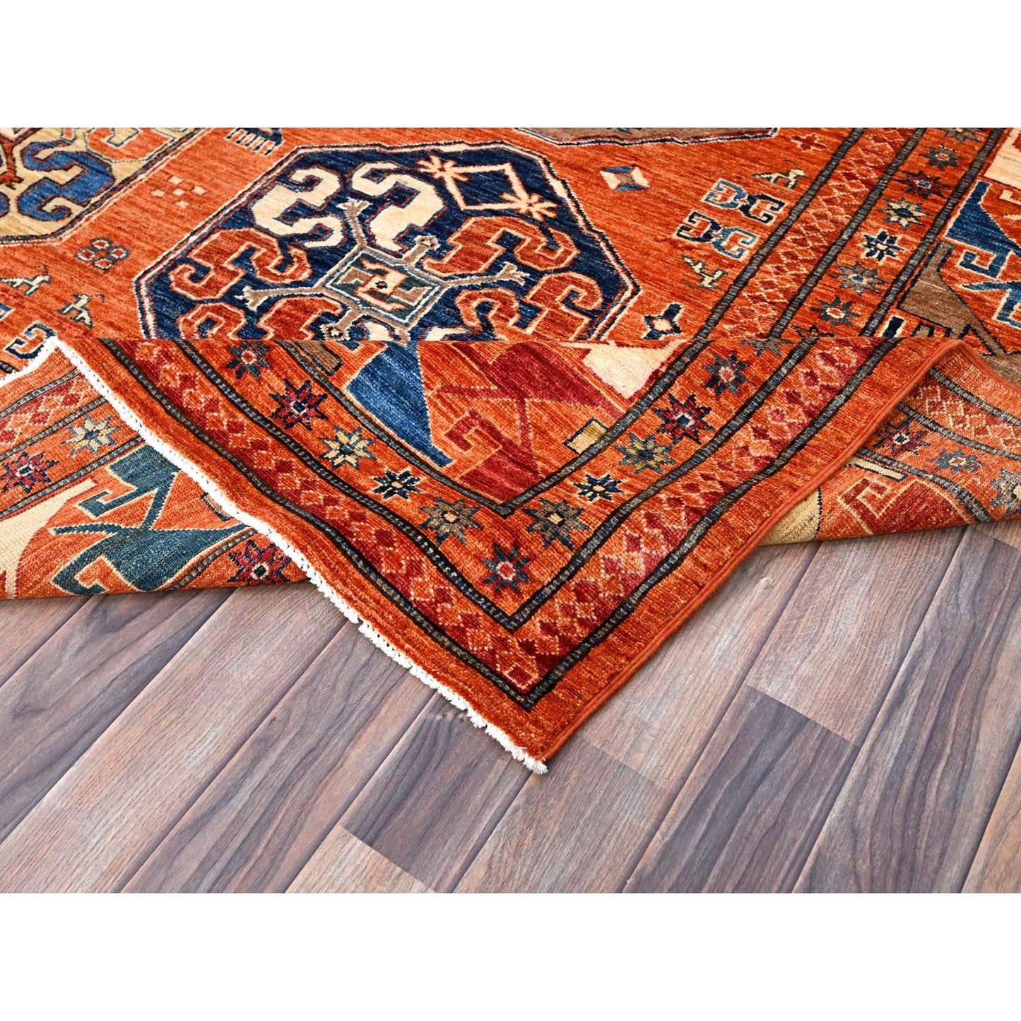 8'10"X11'10" Sun Orange Super Kazak Geometric Wool Hand Knotted Rug
