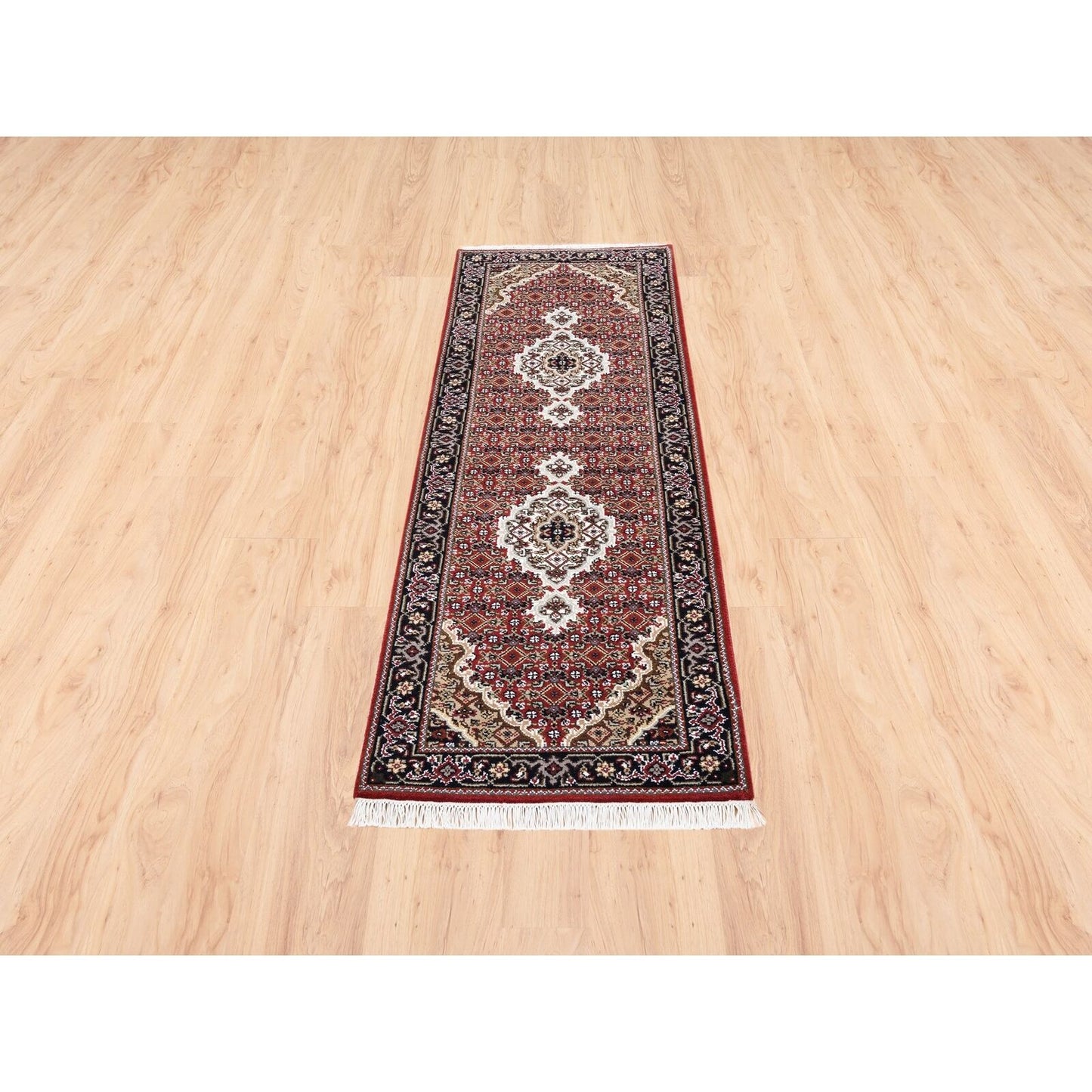 2'X6'1" Wool And Silk Red Tebraz Mahi Fish Design Hand Knotted Runner Rug