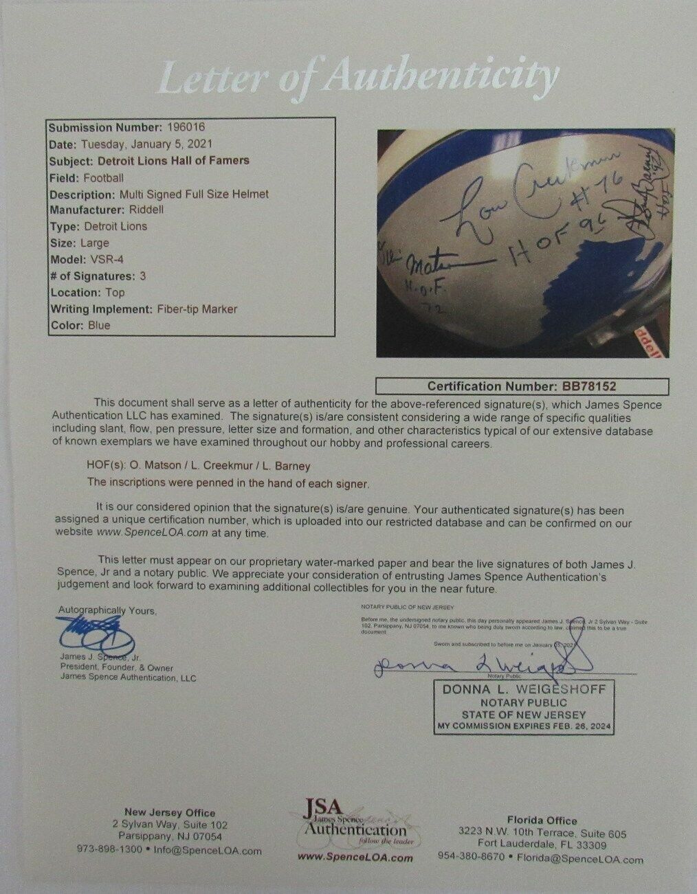 Detroit Lions Hof'Ers Multi-Signed/Inscr Full