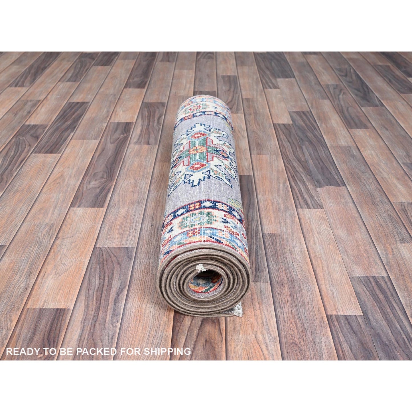 2'9"X7'10" Gray Kazak Tribal Medallions Hand Knotted Oriental Runner Rug